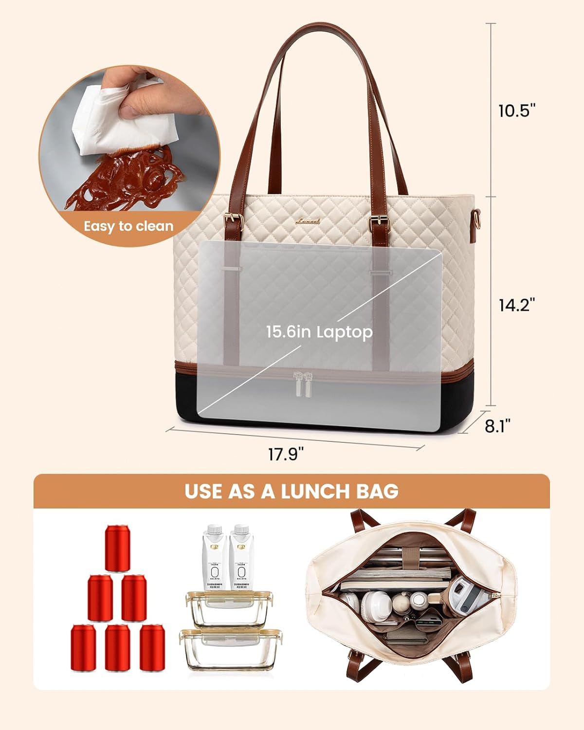 LOVEVOOK Lunch Tote Bag for Women, 15.6 Inch Laptop Work Bag With Lunch Compartment & Large Cup Holder, Lightweight Work Briefcase for Travel, Bussiness, Teacher