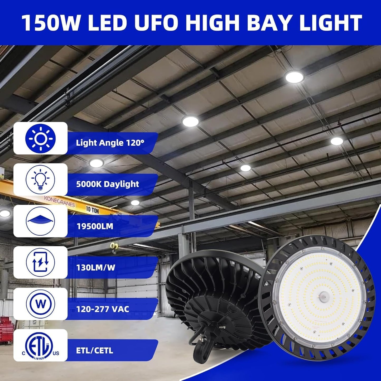 2 Pack LED High Bay Light 150W, 5000K UFO LED High Bay Light Fixture with US Plug [450W MH/HPS Equiv.] 120-277V, 19,500lm, IP65 Commercial Warehouse Area Light for Wet Location