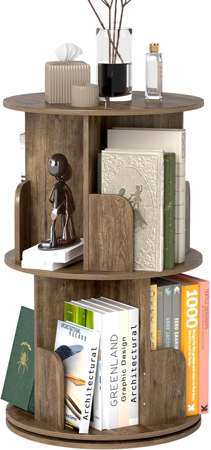 2-Tier Rotating Bookshelf, 360° Display Revolving Bookcase Space-Saving Storage Round Shelf for Corners, Living Room, Bedroom, Office, Kids Room (Light Brown)