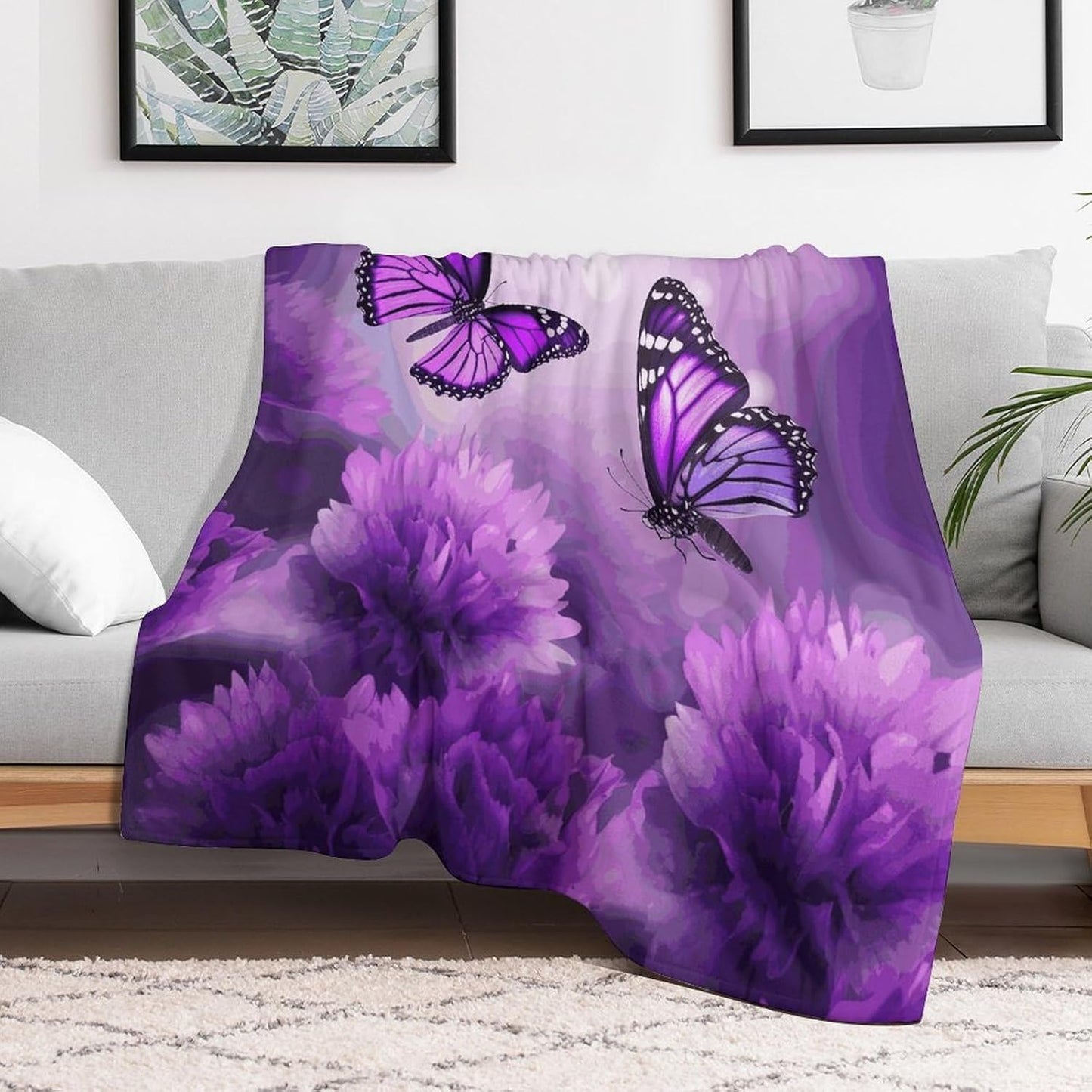 Purple Flower Butterflies Blanket Super Soft Lightweight Throw Blanket Cute Cozy Warm Bed Blanket Decorative Fuzzy Blanket All-Season Home Decor Gift for Sofa Couch Living Room 50"*60"（130 * 150cm）