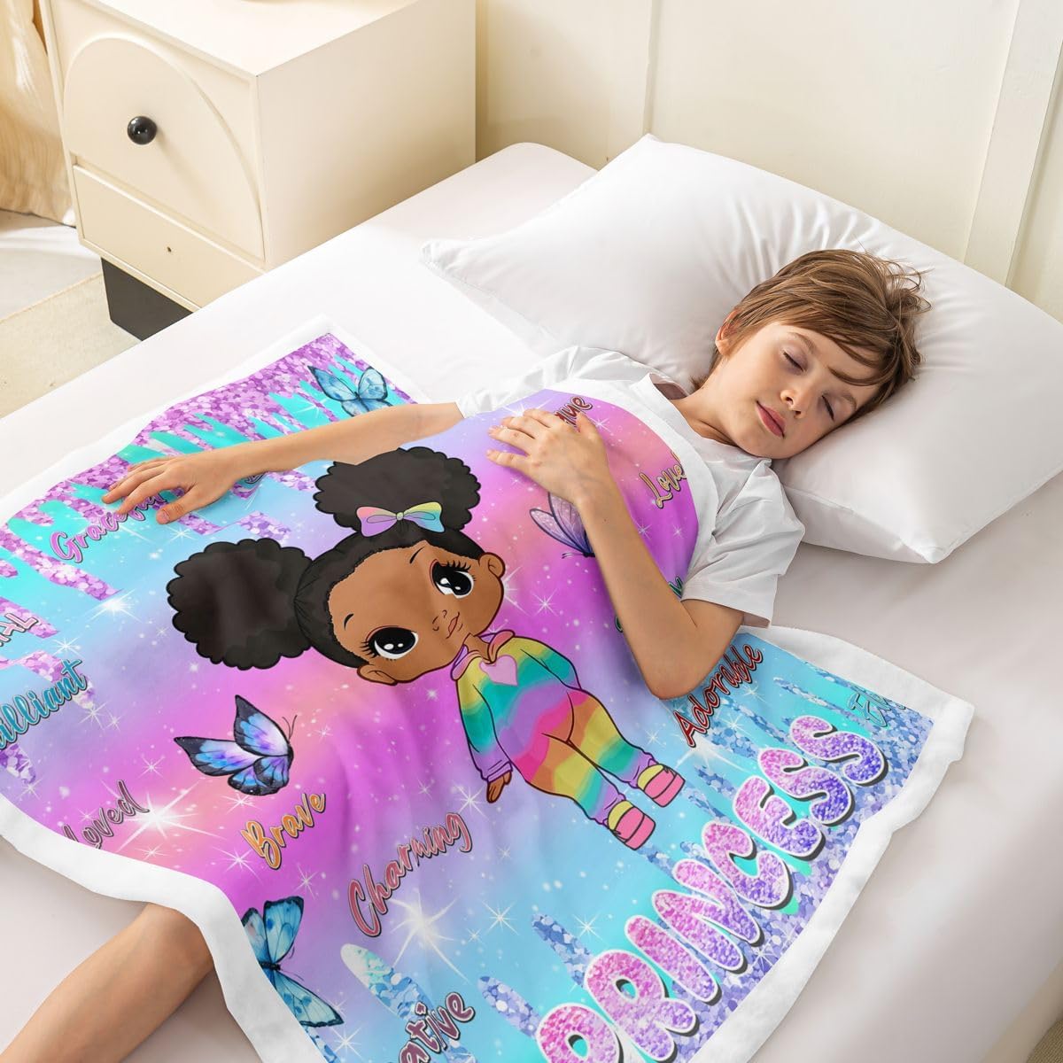 Feelyou Afro Cartoon Girl Sherpa Throw Blanket for Couch Rainbow Super Soft Cozy Fleece Pastel Gradient Blanket for Winter, Plush Throw Butterfly Princess African Woman Queen 90"x90" All Season