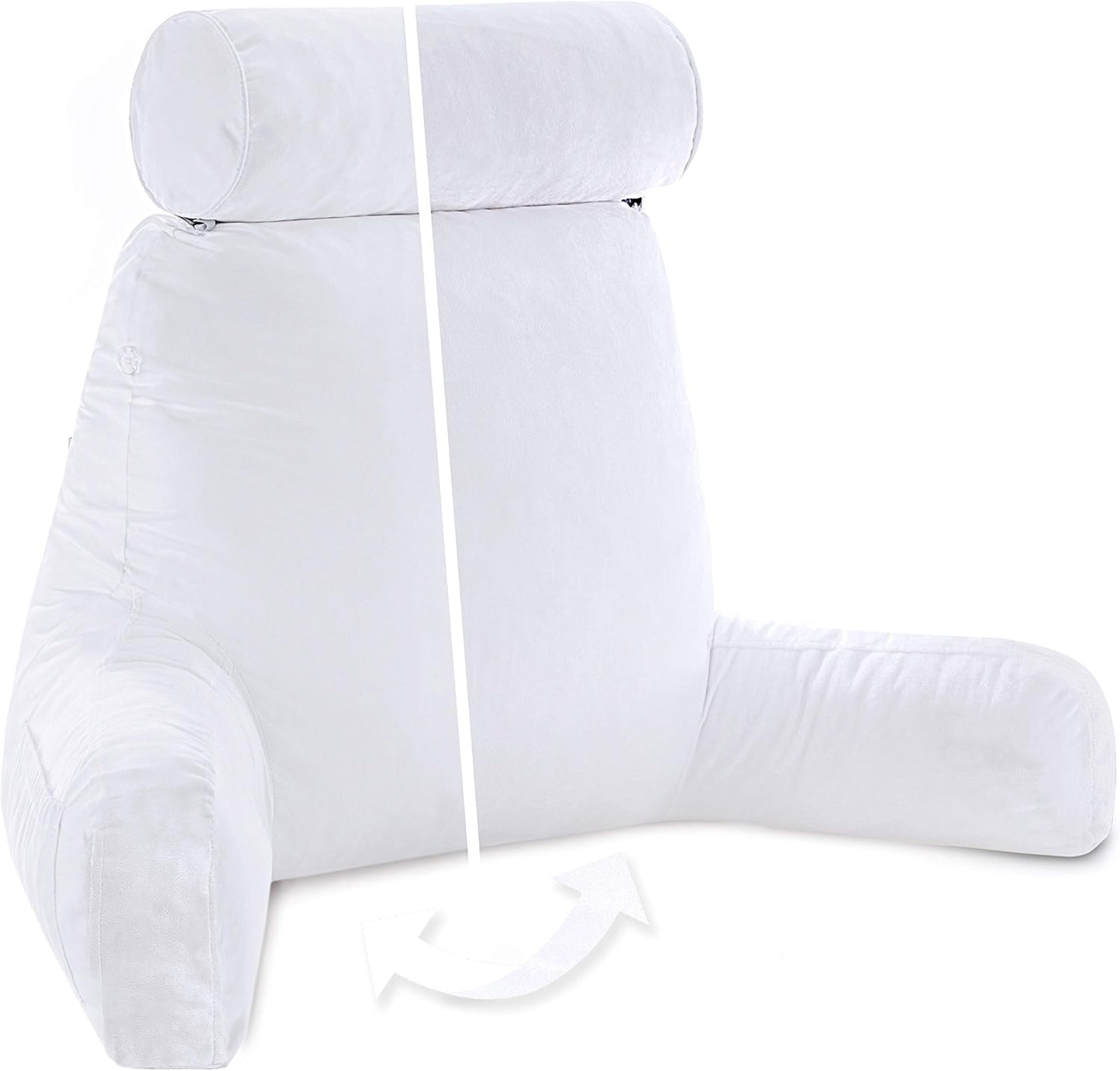 Husband Pillow XXL Aspen Edition - Adult Reading Bed Rest Pillow with Arms & Detach Neck Roll on Bungee Cord - Premium Memory Foam, Reversible 2 Sided Covers Micro Suede or Plush, White Dandelion