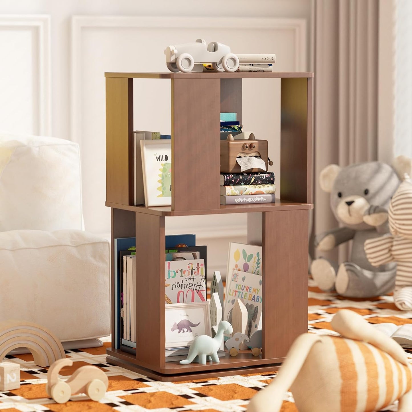 Easyego 2 Tier Solid Wood Rotating Bookshelf, 360° Upgrade Spinning Book Shelf, Revolving Bookcase Organizer, Swivel Bookshelves for Small Spaces, Corner, Bedroom, Kids Room, Office (Walnut)