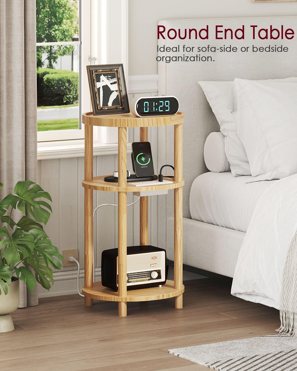Small Round Side Table with Charging Station for Small Spaces, 3-Tier Solid Wood End Table, Compact Sofa Table Bedside Tables for Living Room, Bedroom, Apartment, Natural