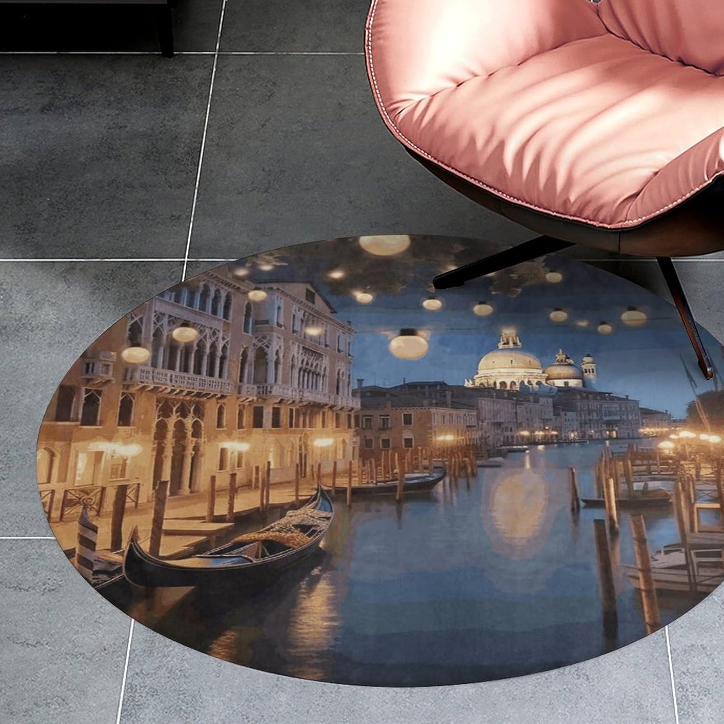 Beautiful Venice at Night Circle Rug Retro Luxury Coral Velvet Floor Mat Non Slip Soft Indoor Floor Carpet Comfy Thickened Area Rugs Modern Aesthetic Minimalist Carpets for Home Decor