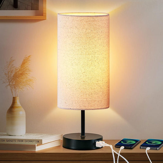 Touch Control Bedside Lamp with 2 USB Ports, 3-Way Dimmable Table lamp for Bedroom, Nightstand Lamp with Round Linen Fabric Shade for Living Room Home Office (E26 LED Bulb Included)