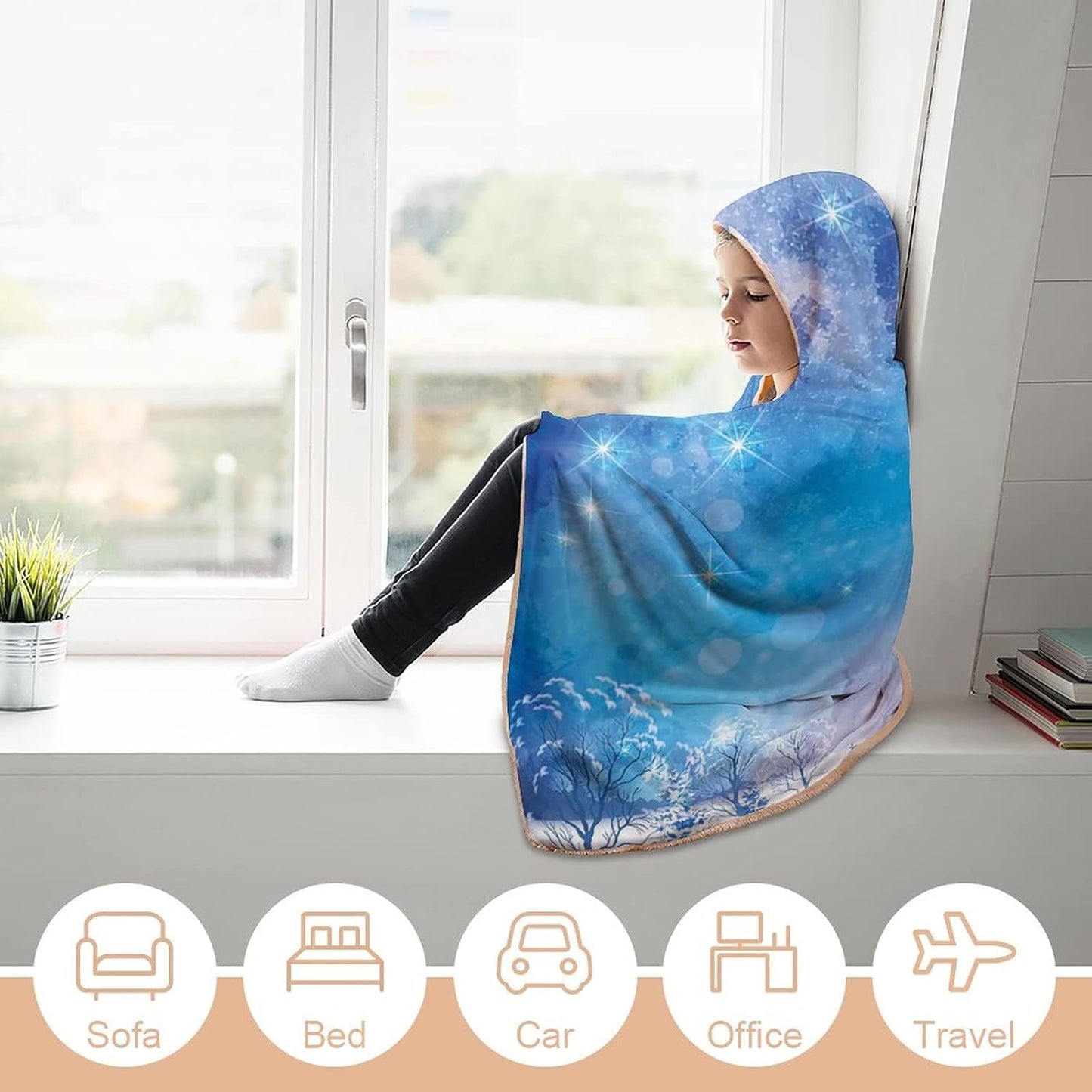Throw Blankets, Night Wearable Hooded Blanket for Adults, Christmas Themed Abstract Snow Winter Scenery, Soft Warm Cozy, 40 x 50inches, Studying Reading Snuggling Napping Office
