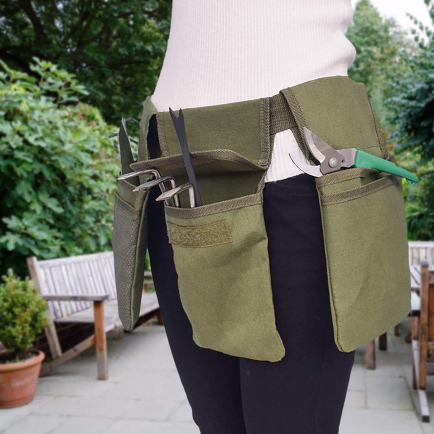 Gardening Tool Belt Bag - Canvas Waist Tool Apron Organizer Hanging Pouch with 4 Pockets for Gardeners Picking Fruit Weeding, Fits Women & Men, Waterproof, 1 Pcs