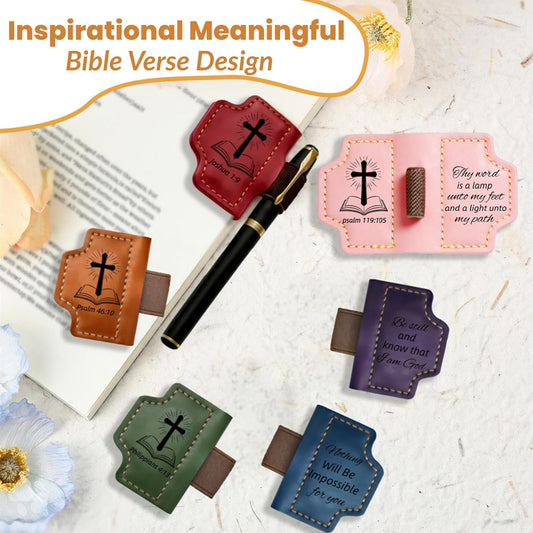 MOTEERLLU Bygone Mark Personalized Magnetic Leather Bookmark Pen Holder, Christian Gifts, Inspirational Bible Book Marks for Reading Women, Men, Teachers, Book Lover(Brown Psalm 119:105)
