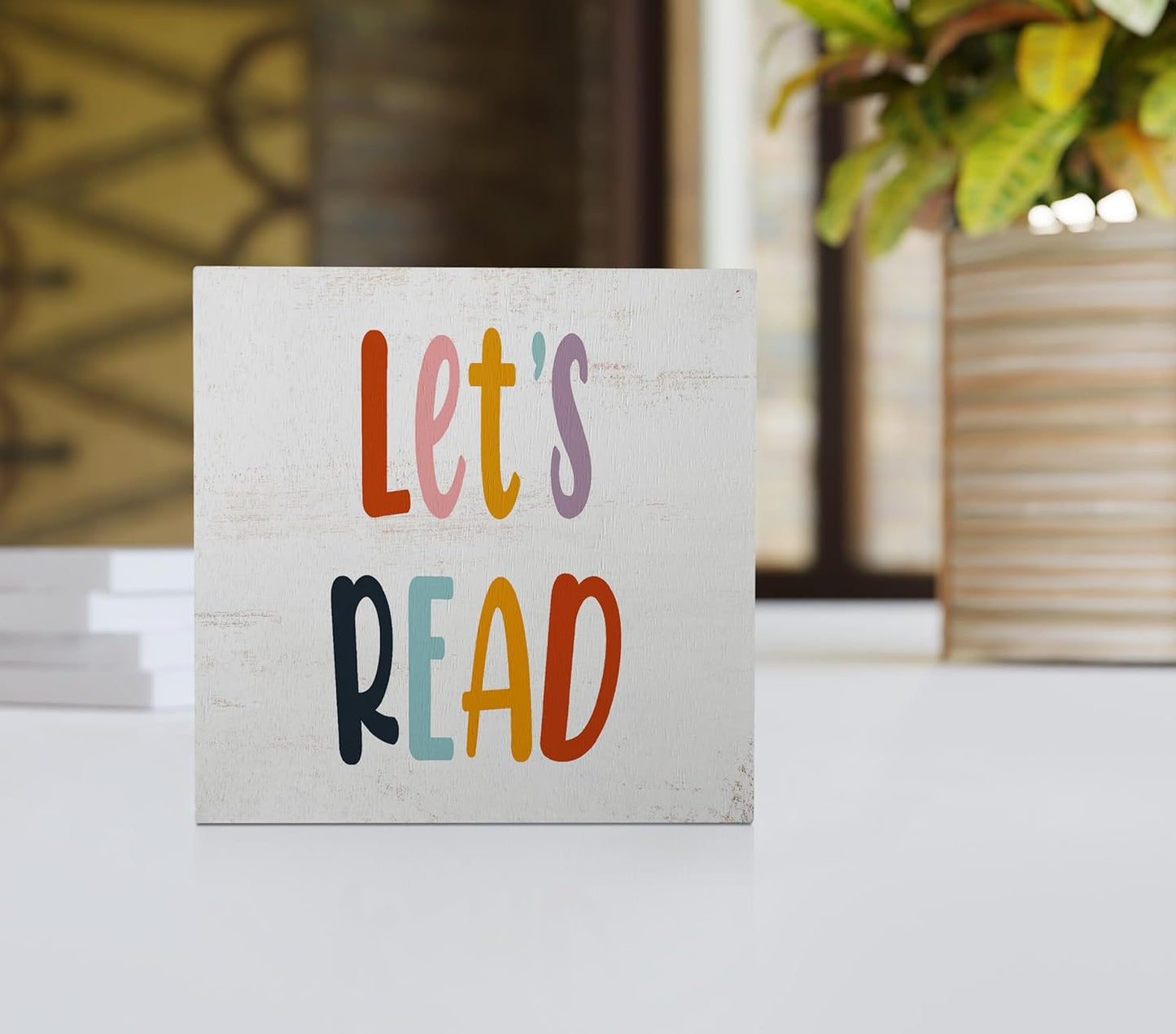 Nursery Let's Read Wood Box Sign Desk Decor,Boho Reading Wooden Block Sign Decorations for Home Classroom Reading Nook Reading Room Wall Tabletop Shelf Decor