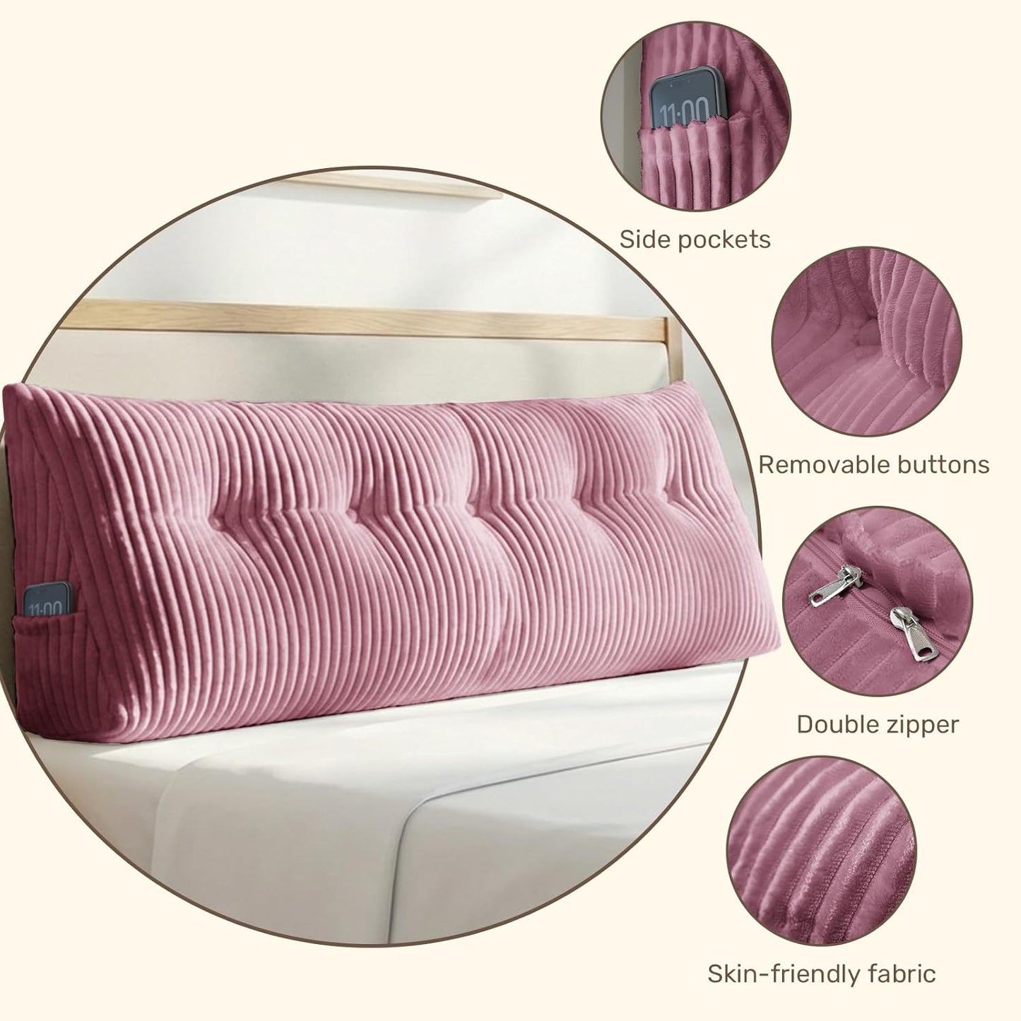 Deodar Headboard Pillow Twin, Wedge Pillows Headboard Triangle Reading Back Pillow with Removable Cover for Dorm Gaming Sleeping TV, Pink
