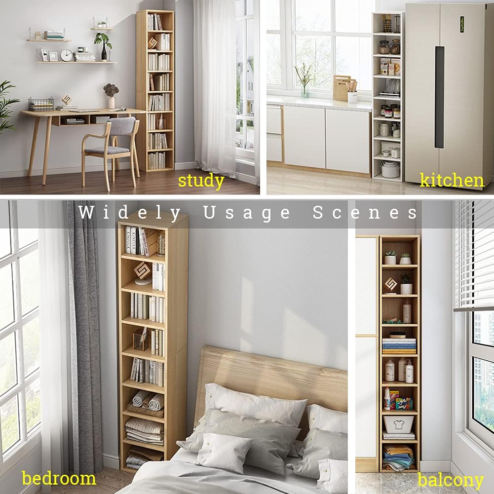 IOTXY Small Narrow Corner Bookcase - 71 Inches Tall Gap Freestanding Storage Cabinet, 7 Lattices Open Shelves Tower Rack with Door, Cubes Bookshelf in White