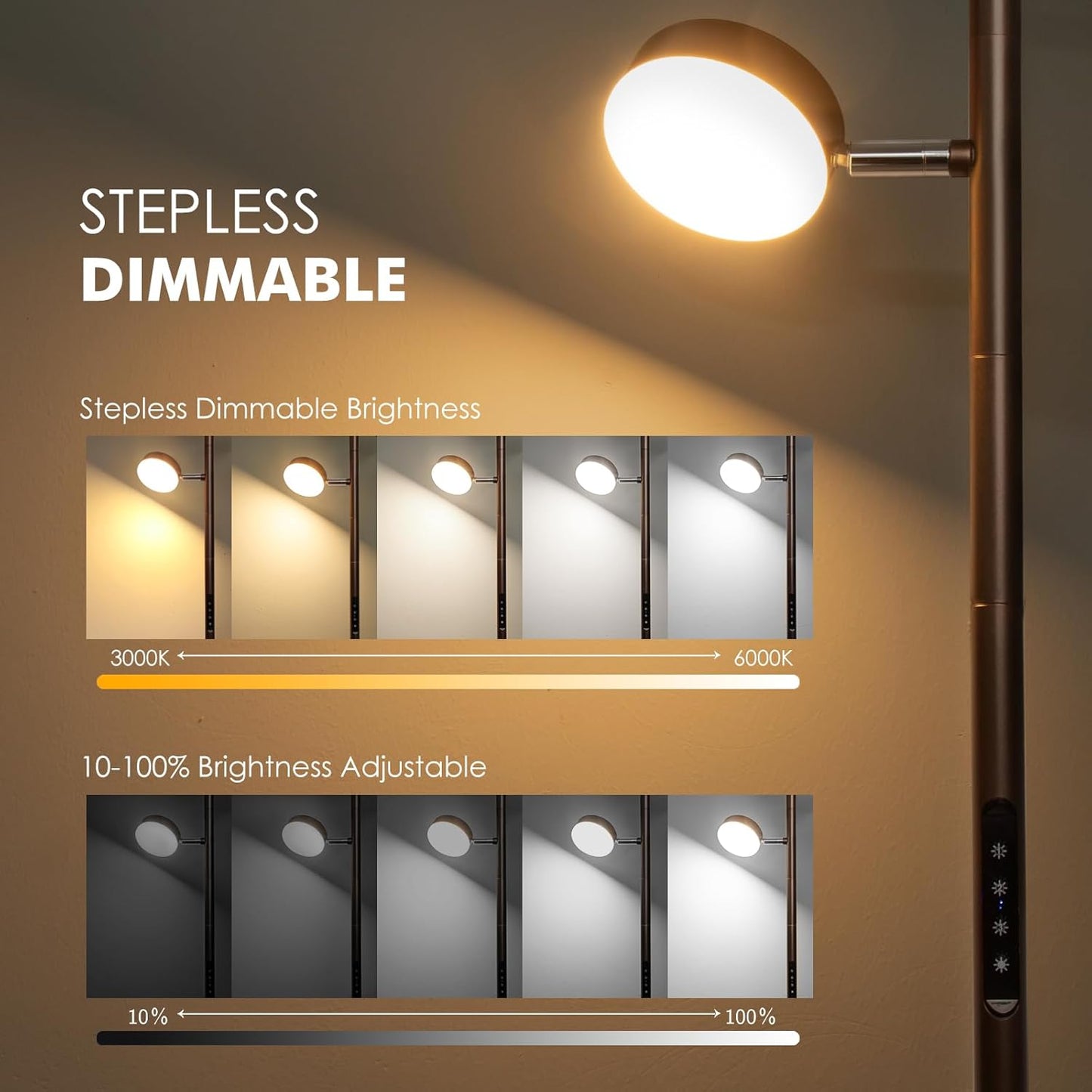Dimmable LED Floor Lamp with Remote Modern Tall Standing Lamp with 3 Adjustable Heads Light Touch Control 4 Color Temperatures Timer Tree Floor Lamps for Living Room Bedroom Office Reading, Brown