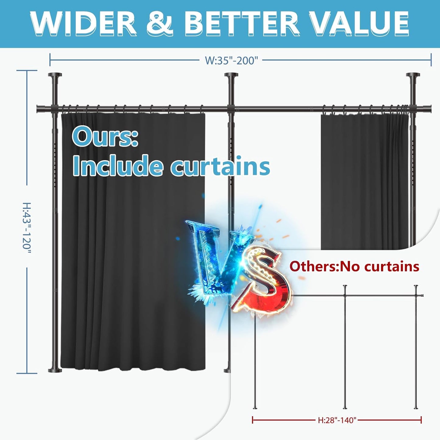 No-Drill Room Divider Curtains Set: Includes 106" W x 84" L Black Curtain 2-Panel & Adjustable Pole Brackets (72-200" W x 43-120" H Adjustable Range)