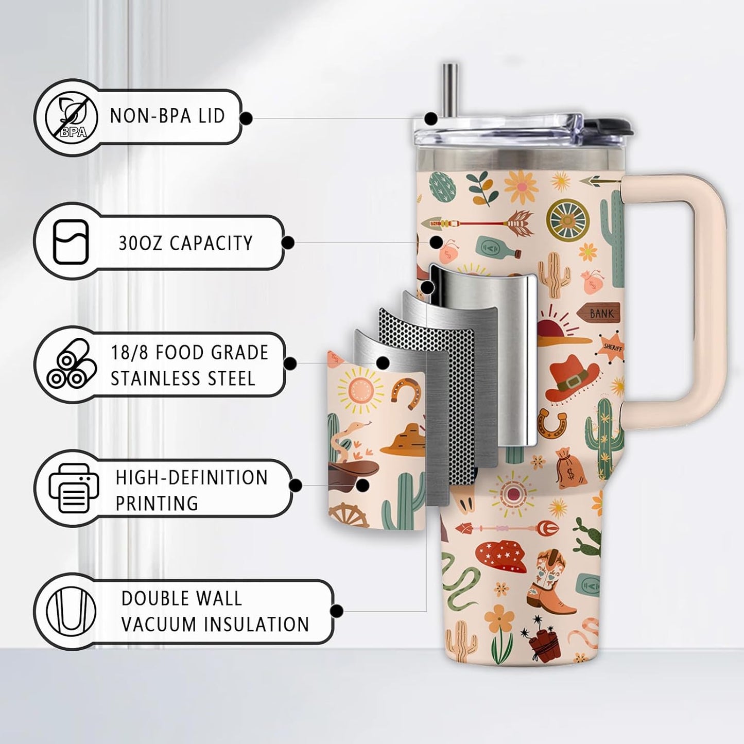 Cowboy Themed Stainless Steel Tumbler Gifts for Men, 30oz Water Bottle with Handle and Straw, Christmas Birthday Gifts for Family, Friends