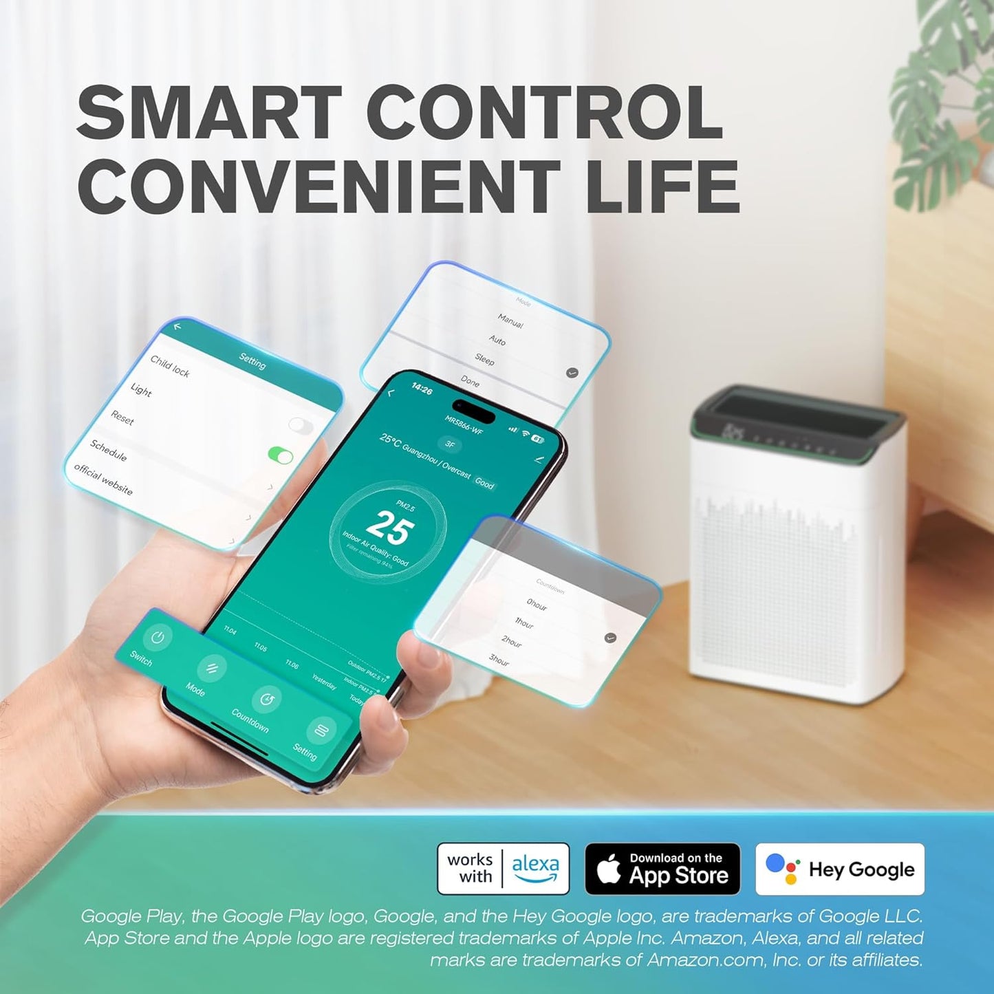 Air Purifiers for Home Large Room up to 1690 ft², HEPA Filter with PM 2.5 Monitor, WiFi and Alexa Compatible, Dual Air Intake for Smoke, Odor, Ivory