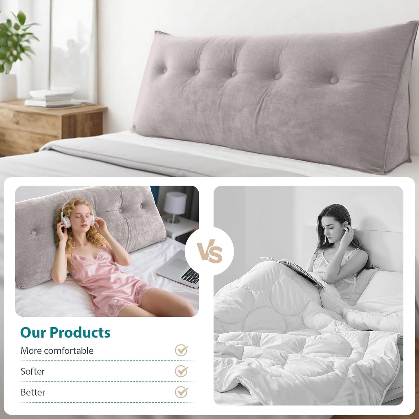 FAHKNS Wedge Pillow Headboard Queen, Removable Bed Wedge Pillow, Triangle Headboard Pillow for Bed, Sofa, Patio, Glass Window Floor, Light Gray