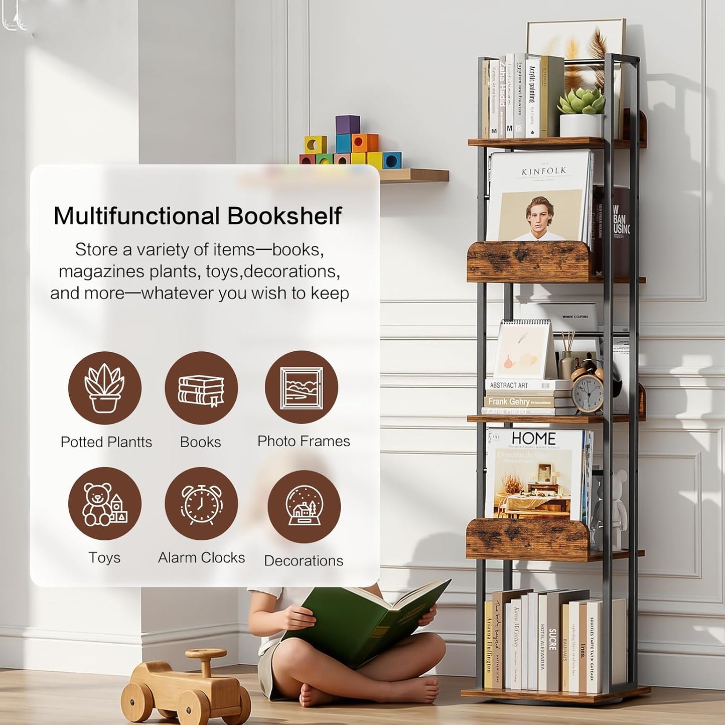 Bikoney Rotating Bookshelf, 360 Display Spinning Bookshelf Tower, 5-Tier Narrow Bookcase, Tall Industrial Book Shelf Organizer, Small Corner Book Shelves for Living Room, Black