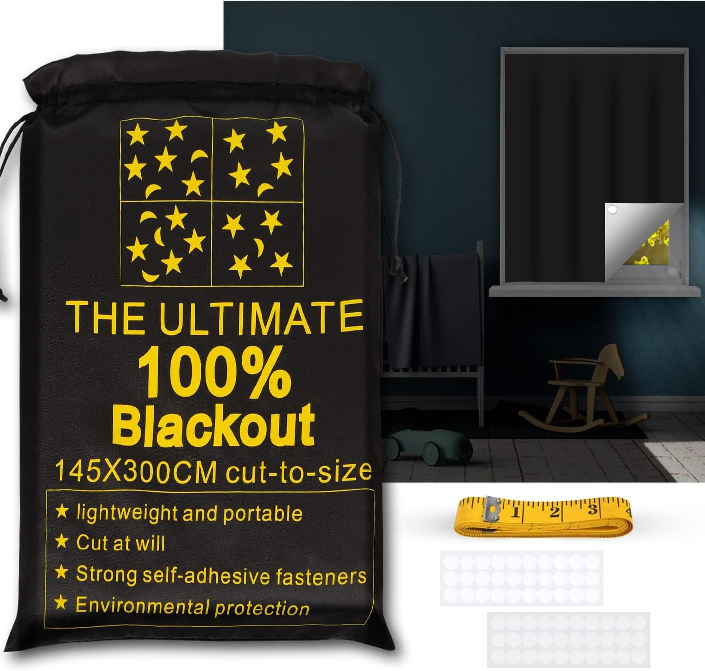 ULIGOOD Portable Blackout Shades (118" x 57") Travel Window Blackout Curtains, 100% Blackout Material Temporary Blackout Blinds for Baby Nursery, Bedroom, Caravan, Office or Travel Use