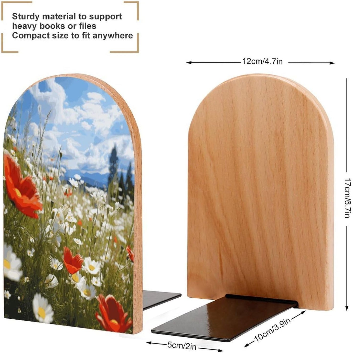 Meadow and Daisy Flowers Bookend for Shelves Wooden Book End Large Size Sturdy Book Holders Stoppers with Metal Base for Bookshelves Slick Decorative Bookends Stands