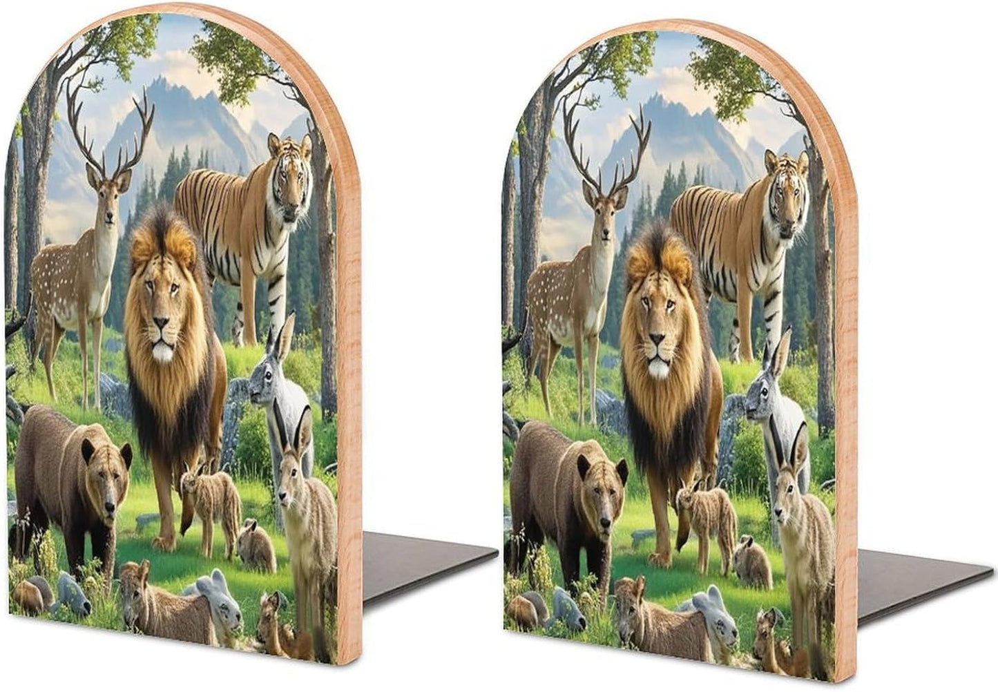 Wild Animals Bookends 1 Pair Heavy Duty Book Ends for Shelves Non-Skid Bookend Supports Wooden Book Holders with Metal Base Desk Organizers Books Storage to Hold Books