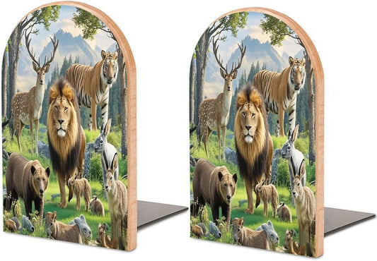 Wild Animals Bookends 1 Pair Heavy Duty Book Ends for Shelves Non-Skid Bookend Supports Wooden Book Holders with Metal Base Desk Organizers Books Storage to Hold Books