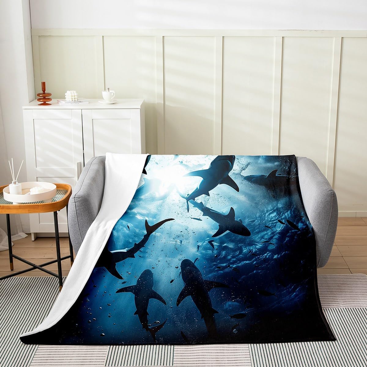 Erosebridal 3D Shark Fleece Blanket Twin 60x80,Boys Shark Flannel Blanket,Hunting Marine Life Fuzzy Plush Throw Nautical Lovers Creature Blankets for Adults,Summer Fish Ocean Room Decor