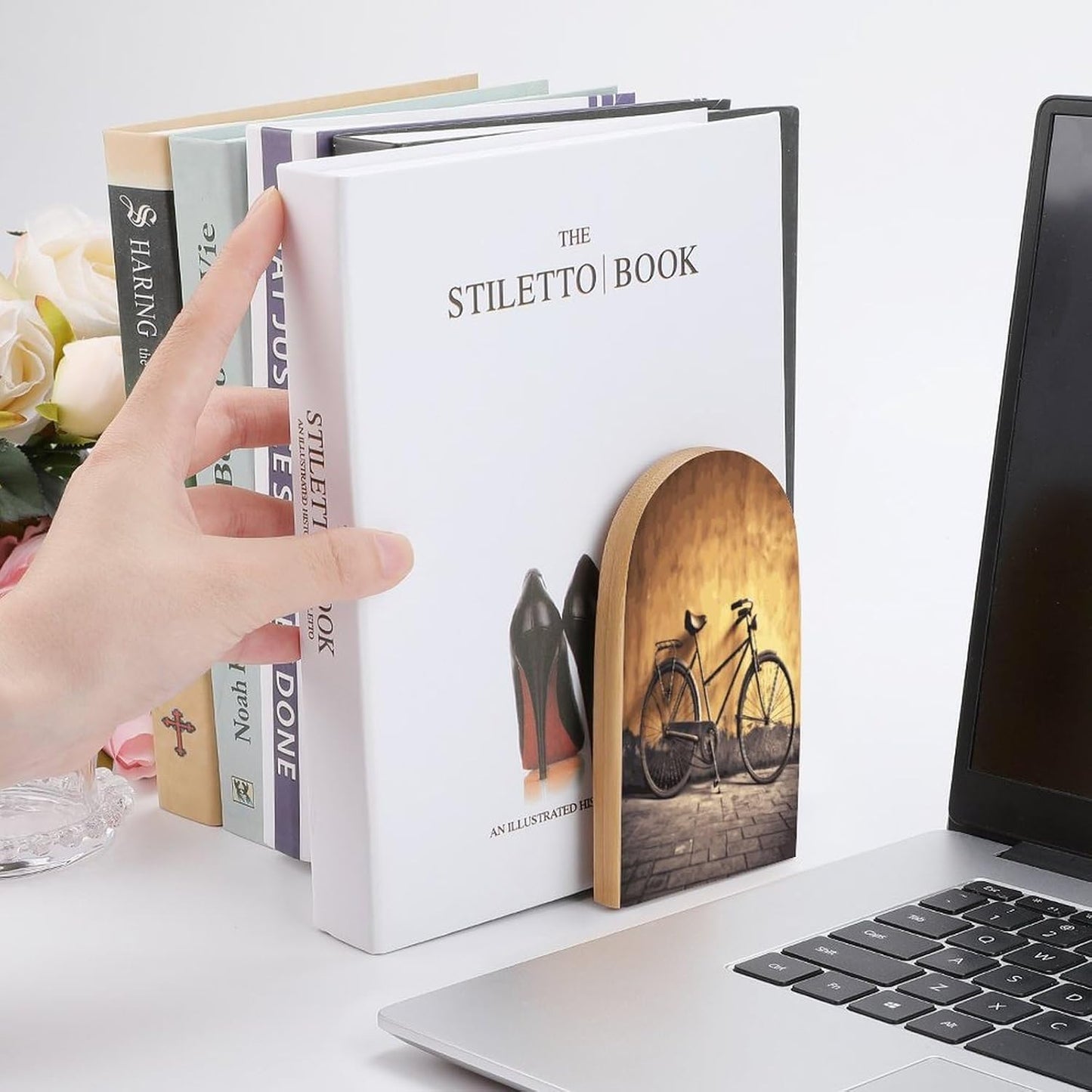 Old Bicycle Bookends 1 Pair Heavy Duty Book Ends for Shelves Non-Skid Bookend Supports Wooden Book Holders with Metal Base Desk Organizers Books Storage to Hold Books