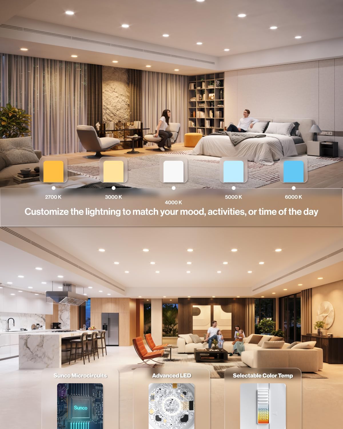 Sunco 6 Inch LED Recessed Light Retrofit, Can Lights for Ceiling, 1700 LM High Brightness, Selectable CCT 2700K/3000K/4000K/5000K/6000K, 17W=120W, Dimmable, Baffle Trim, Damp Rated UL 4 Pack.