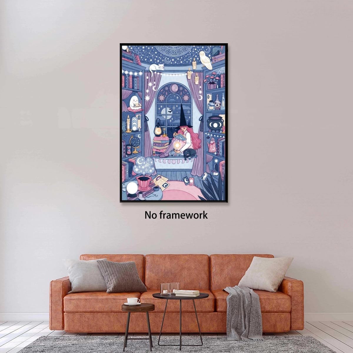 Funny Celestial Witch Room Canvas Print Halloween Wall Art Witchy Illustration Poster Magical Room Decor Astronomy Artwork Starry Sky Art Cozy Reading Nook For Bedroom 16x24inch Unframed