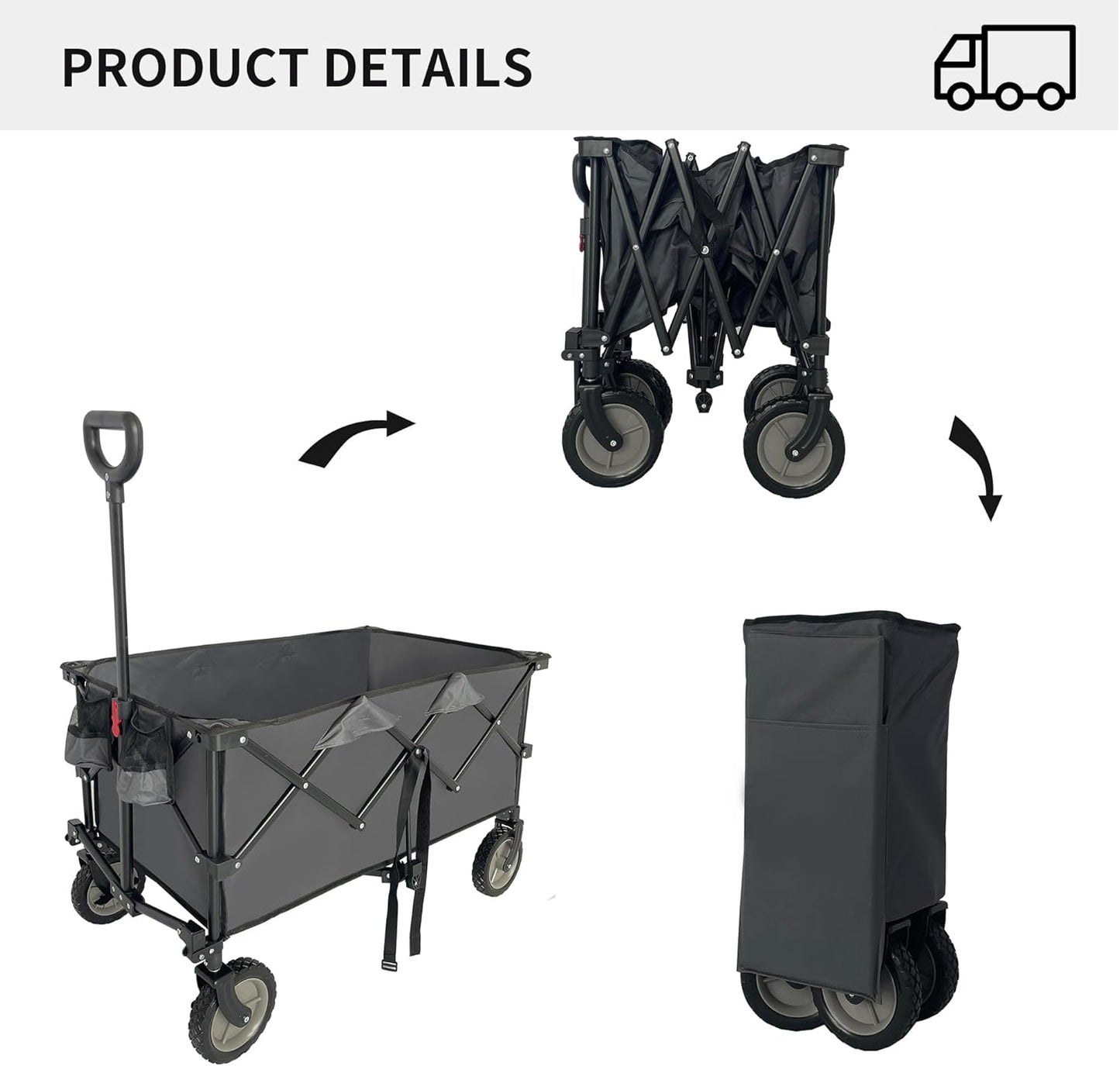 LKJYBG Steel Yard Cart Garden Wagon with Adjustable Handles 2 Cup Holders Wheels Collapsible Foldable Wagon Folding Utility Garden Cart for Garden Orchard Warehouse Cement Grey As Shown