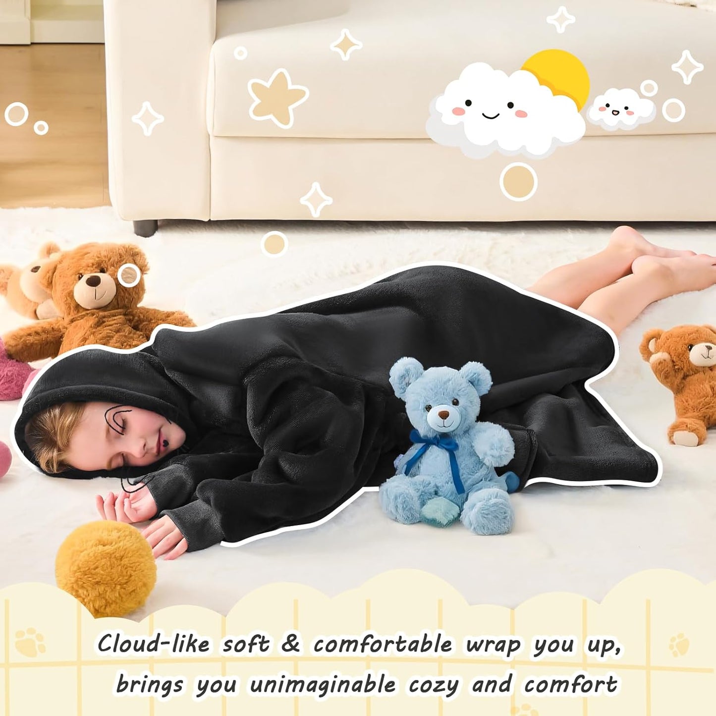 Wearable Blanket Hoodie for Kids & Teens 6-13 Year Old, Oversized Sherpa Fleece Sweatshirt with Pocket, Soft Cozy Hooded Blankets Christmas Birthday Gift for Boys and Girls, Black