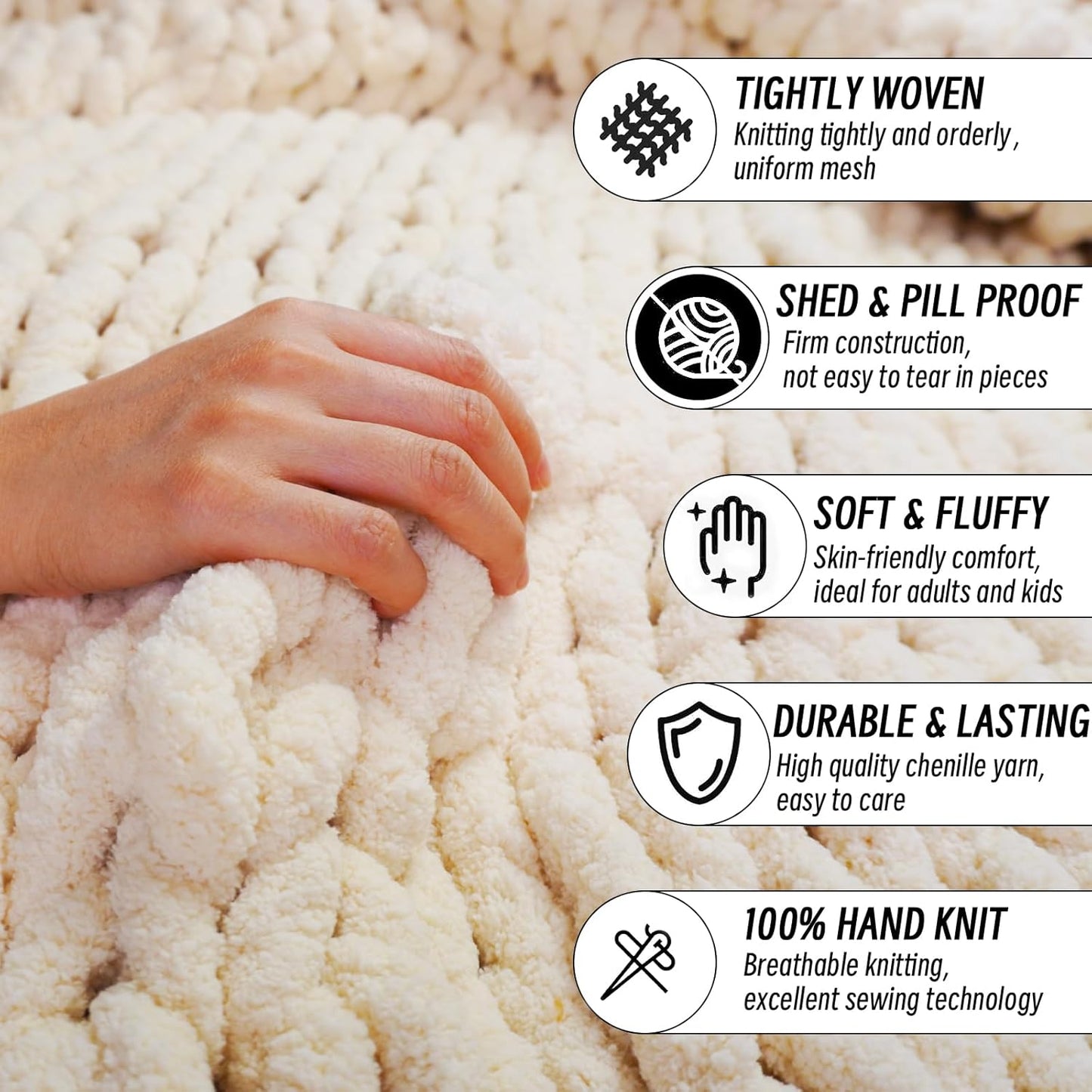 Chenille Chunky Knit Blanket Throw - Soft Chenille Yarn Throw Blanket,Warm Cozy Handmade Thick Cable Knit Crochet Blanket,Rope Knot Throw Blanket for Couch Home Decor (Beige, 50"*60")