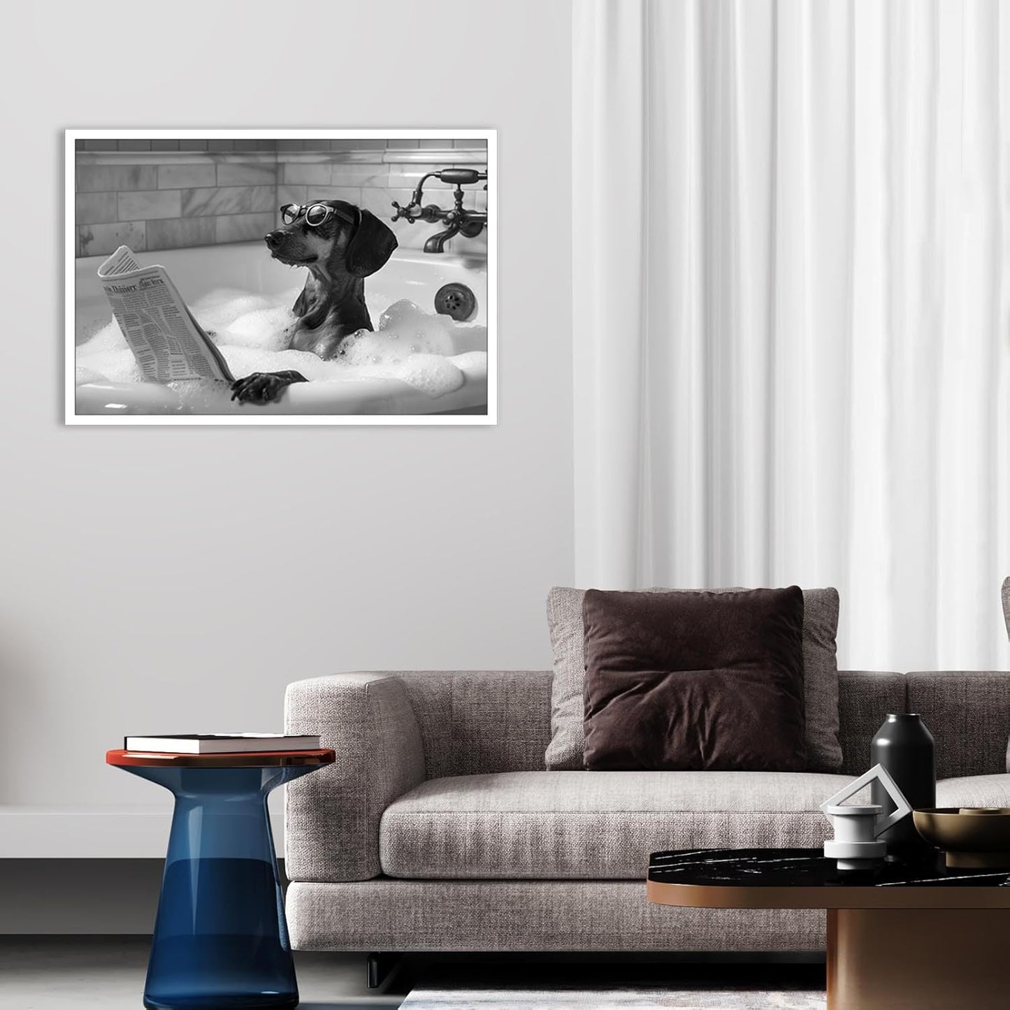 Funny Dachshund In Bathtub Wall Art Dog Reading Newspaper In Bubble Bath Poster Trendy Black And White Hilarious Animals Canvas Posters For Bedroom Dorm Hotel Aesthetic Decor 12x16in Unframed