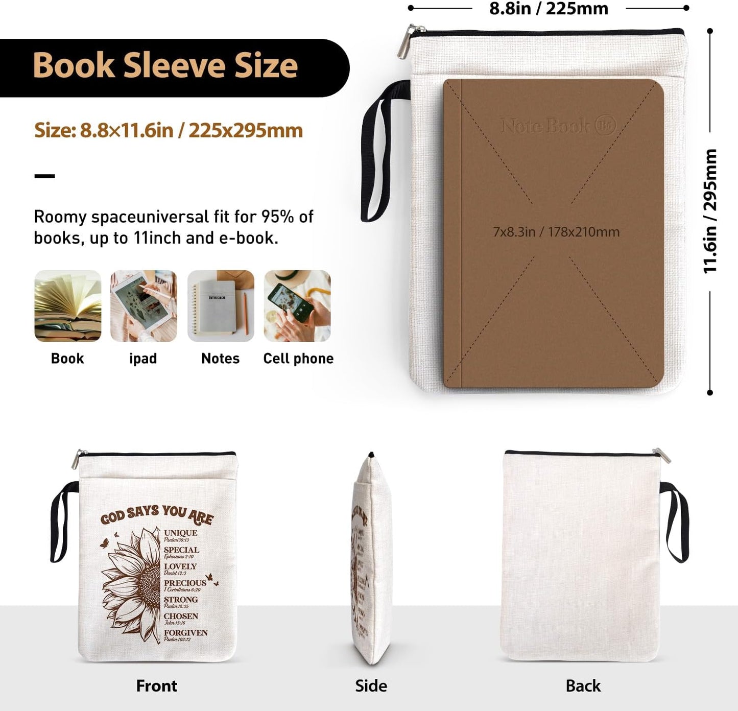 Bible Book Covers for Christian Book Lovers Women with Zipper & Handle, Birthday Reading Day Thankful Gifts for Friends - God Says You are Beautifull Sunflower Decor Book Sleeve Encourage Gifts