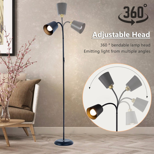 AoMck Floor Reading Lamp, Industrial Standing Lamps for Living Room with Adjustable Bendable, 2 in 1 Reading Table Lamps for Living Room Bedroom Office, 12W LED Bulb Included (Black Poles)