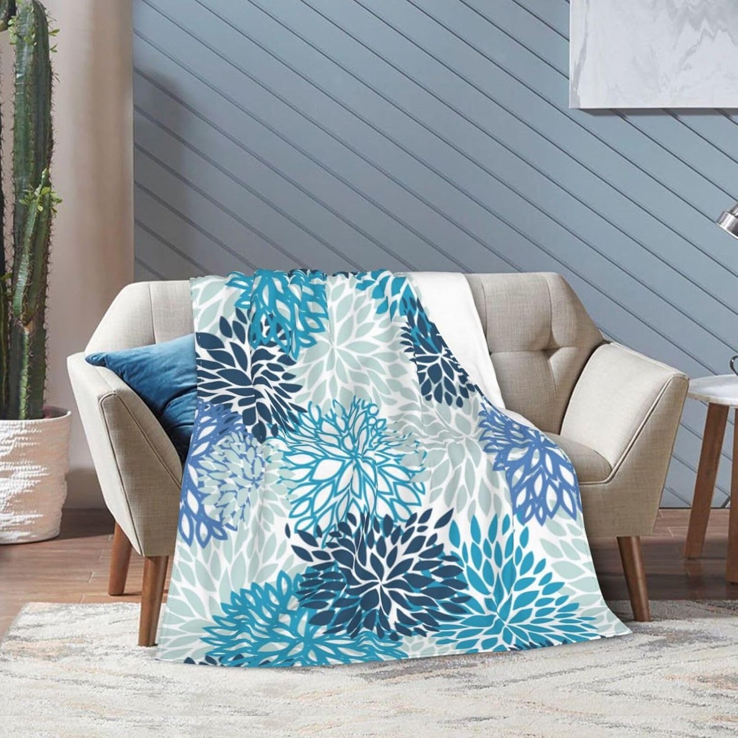 Blue Navy Chrysanthemum Flowers Bed Blanket Ultra Soft Throw Blanket All Season Warm Light Weight Cozy Plush Blankets for Home Bedroom Sofa Chair Travel, 60"X80"