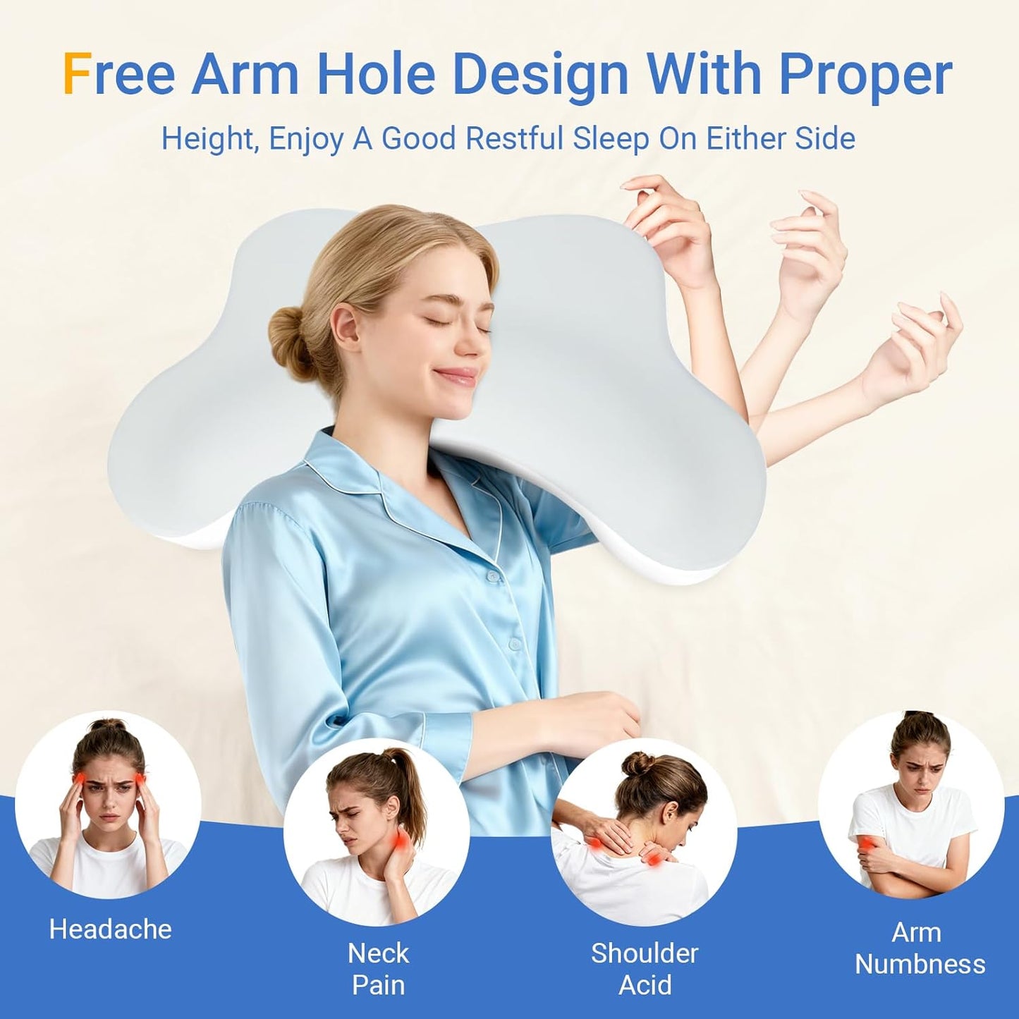 Side Sleeper Pillows with Arm Holes- Memory Foam Shoulder Pillow for Side Sleepers Neck Support & Rotator Cuff Pain Relief, 2PCS Pillowcase, Ergonomic Knee, Leg, Arm Pillow for Adults (Light Grey)
