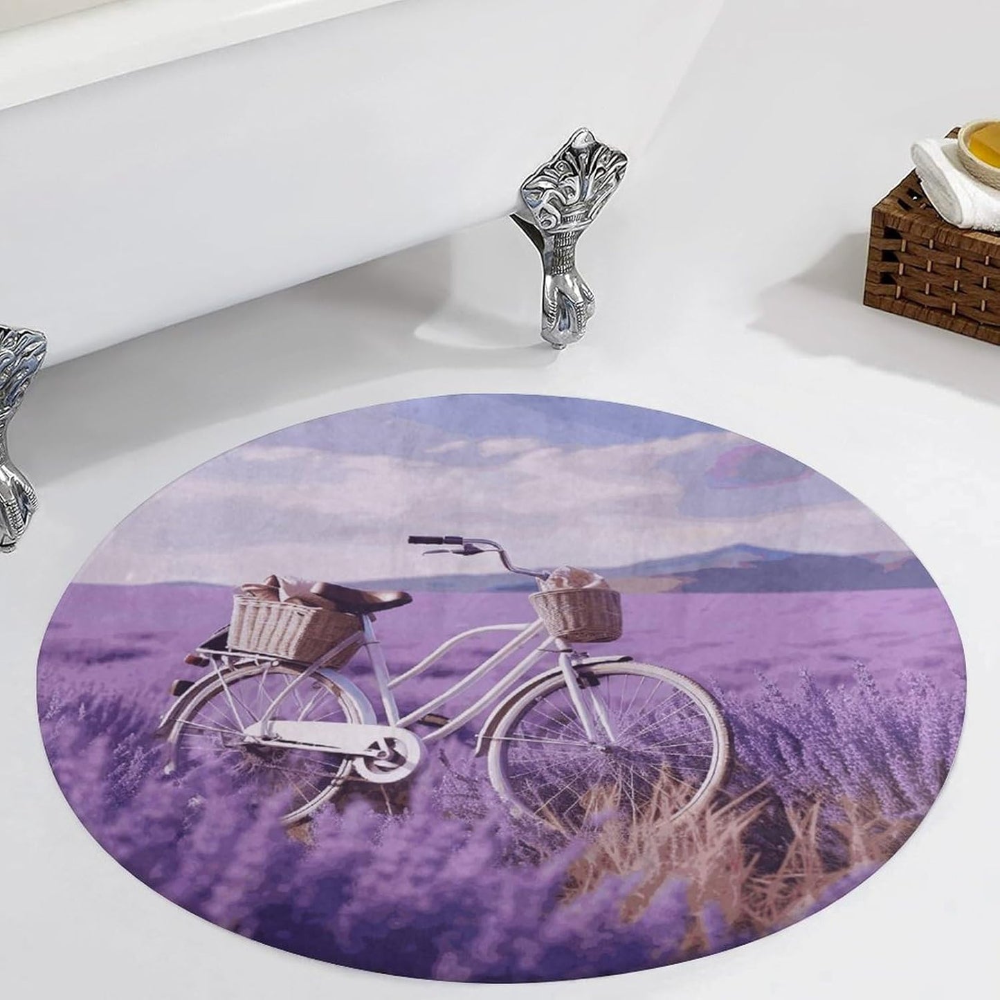 Lavender Field Bike Circle Rug Retro Luxury Coral Velvet Floor Mat Non Slip Soft Indoor Floor Carpet Comfy Thickened Area Rugs Modern Aesthetic Minimalist Carpets for Home Decor