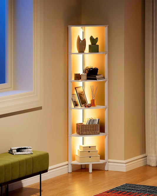 LED Corner Shelf with Lights, 5-Tier Diamond Shape Bookshelf, Standing Narrow Storage Organizer for Living Room, Bedroom, Office, Study, White MCJ03DWB
