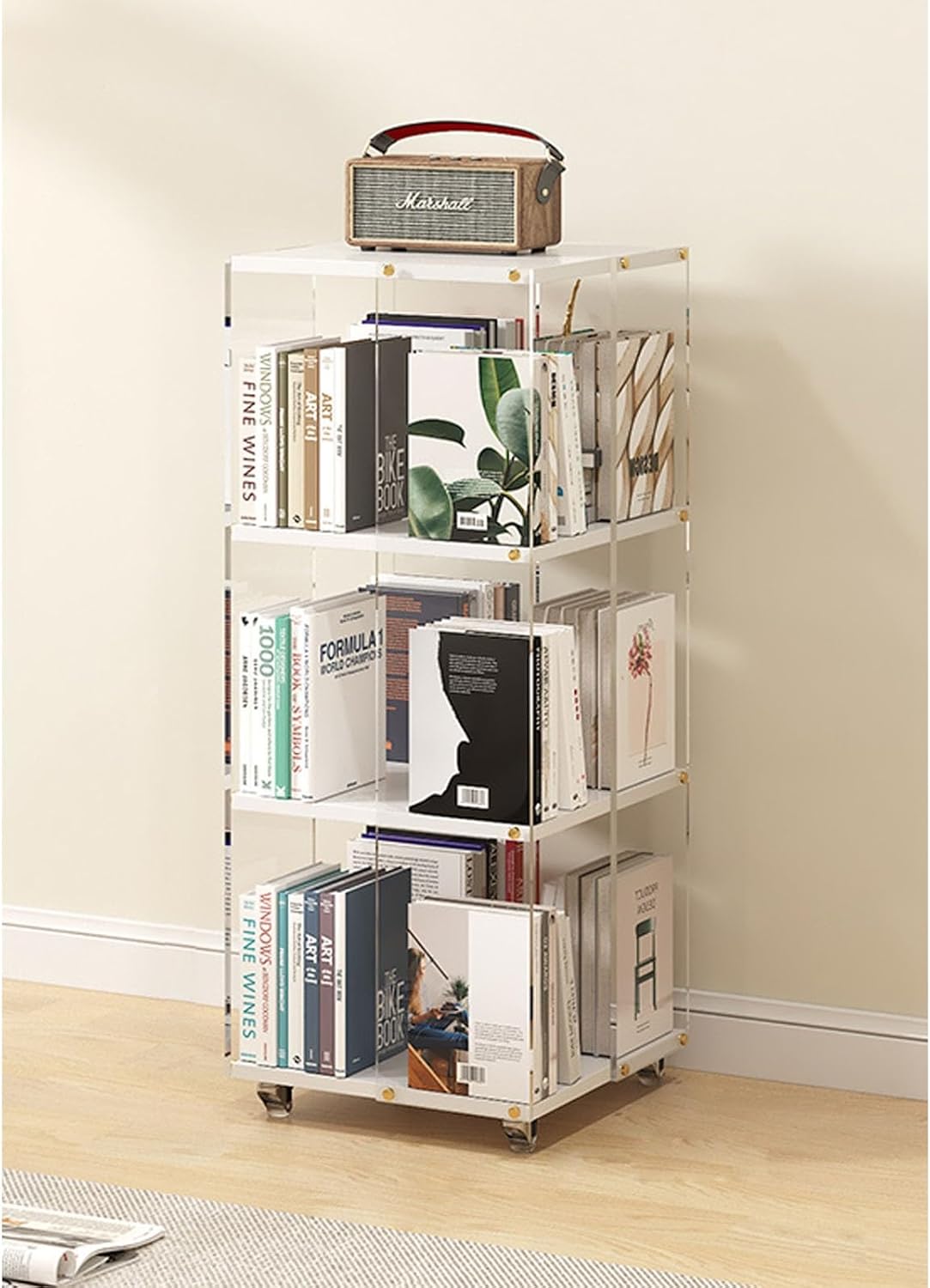 3/4/5/6 Tier Rolling Bookcase Rotating Bookshelf Tower 360 Degree Revolving Bookcase Transparent Acrylic Freestanding Spinning Bookshelf With Wheels 360° Spinning Bookshelf Tower For Bedroom,Living Ro