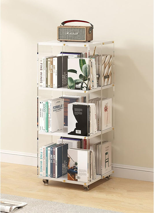3/4/5/6 Tier Rolling Bookcase Rotating Bookshelf Tower 360 Degree Revolving Bookcase Transparent Acrylic Freestanding Spinning Bookshelf With Wheels 360° Spinning Bookshelf Tower For Bedroom,Living Ro