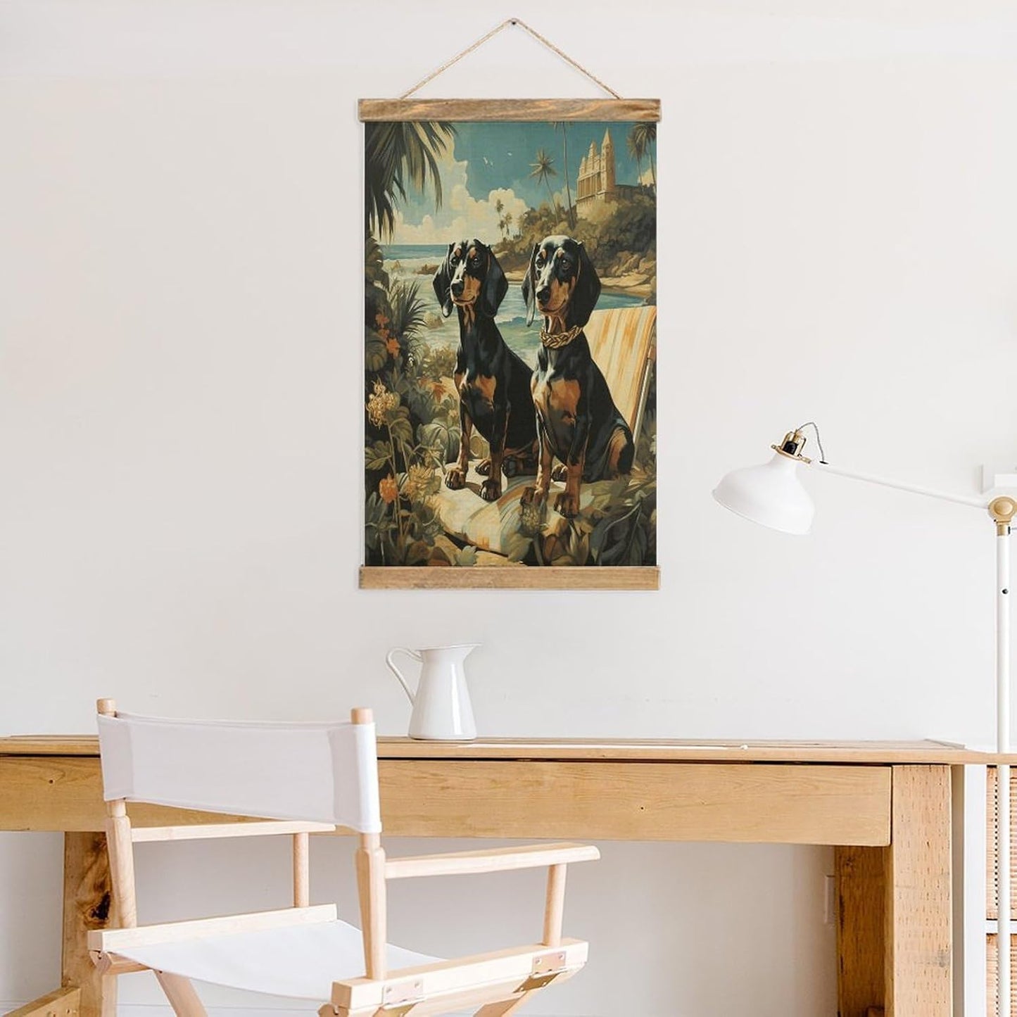Vintage Dachshund Dog Bento Poster with Wooden Frame Personalized Linen Hanging Scroll Painting Rustic Wall Hanging Illustrative Modern Artwork Decor for Home Living Room Bedroom Office