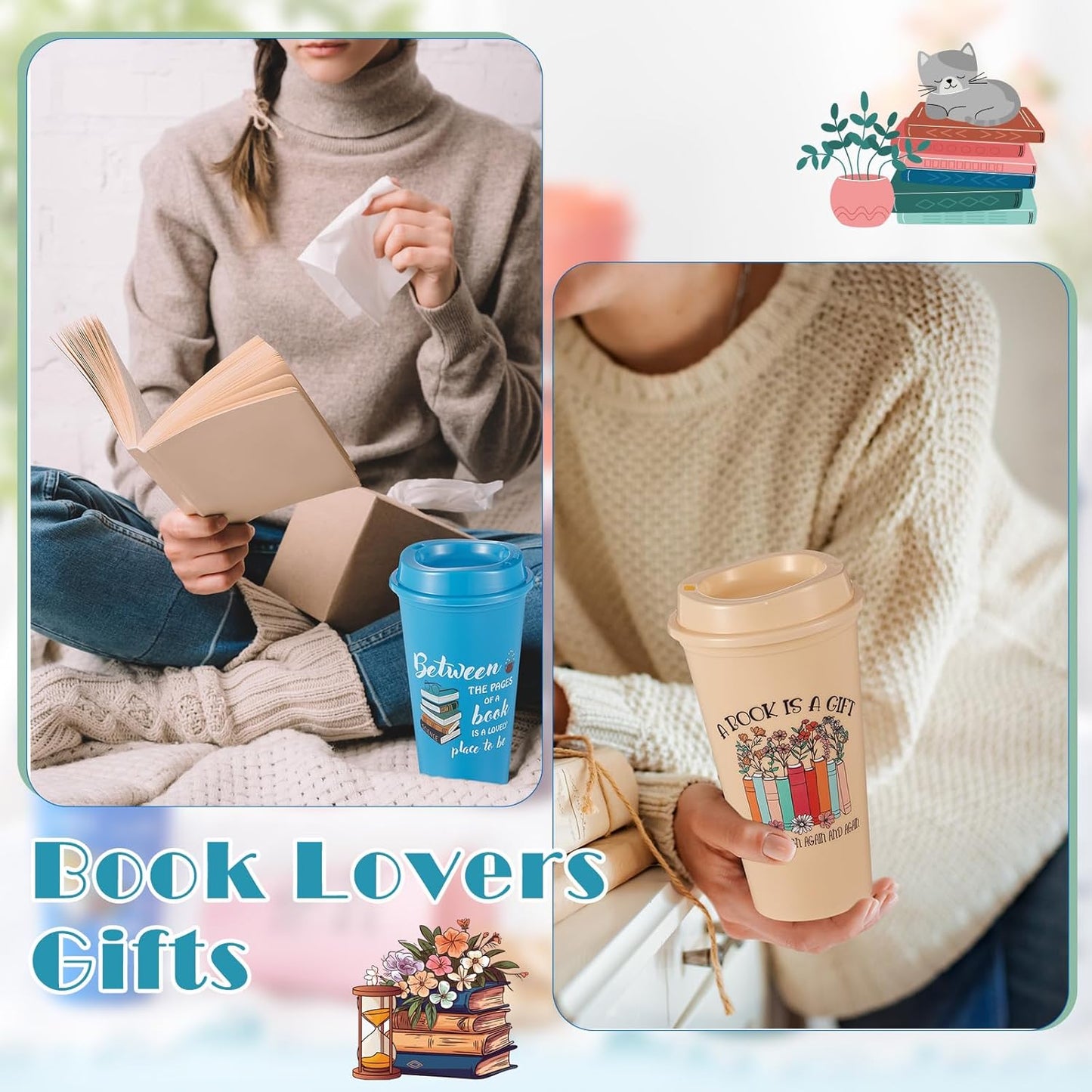 12 Pcs Book Lovers Gifts Bulk, 16oz Library Reading Theme Coffee Cups with Lids, Book Club Appreciation Gifts for Bookish Teacher Students Employee (Morandi)