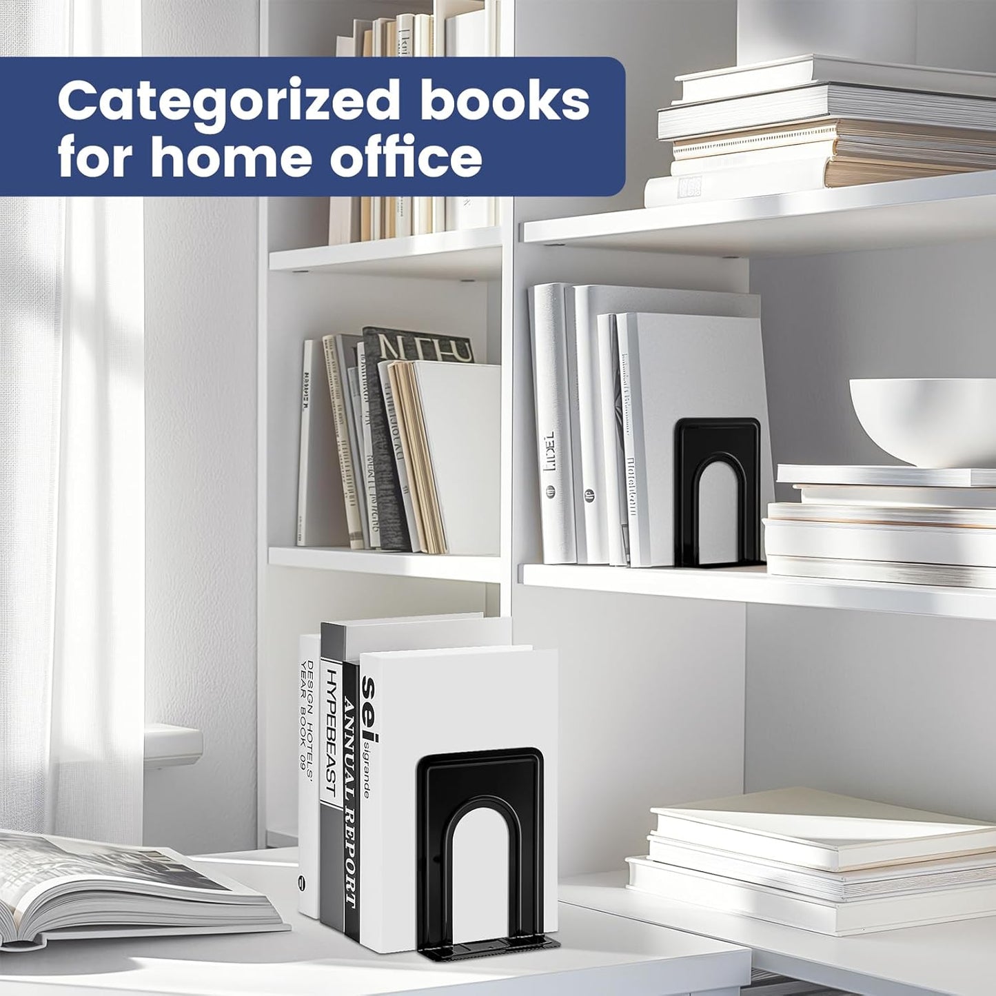 HappyHapi Book Ends, Non-Skid Metal Bookend Supports for Shelves, Heavy Duty Book End, Office Book Stopper, 6 x 5 x 6 Inches, 14 Pieces / 7 Pairs (Black)