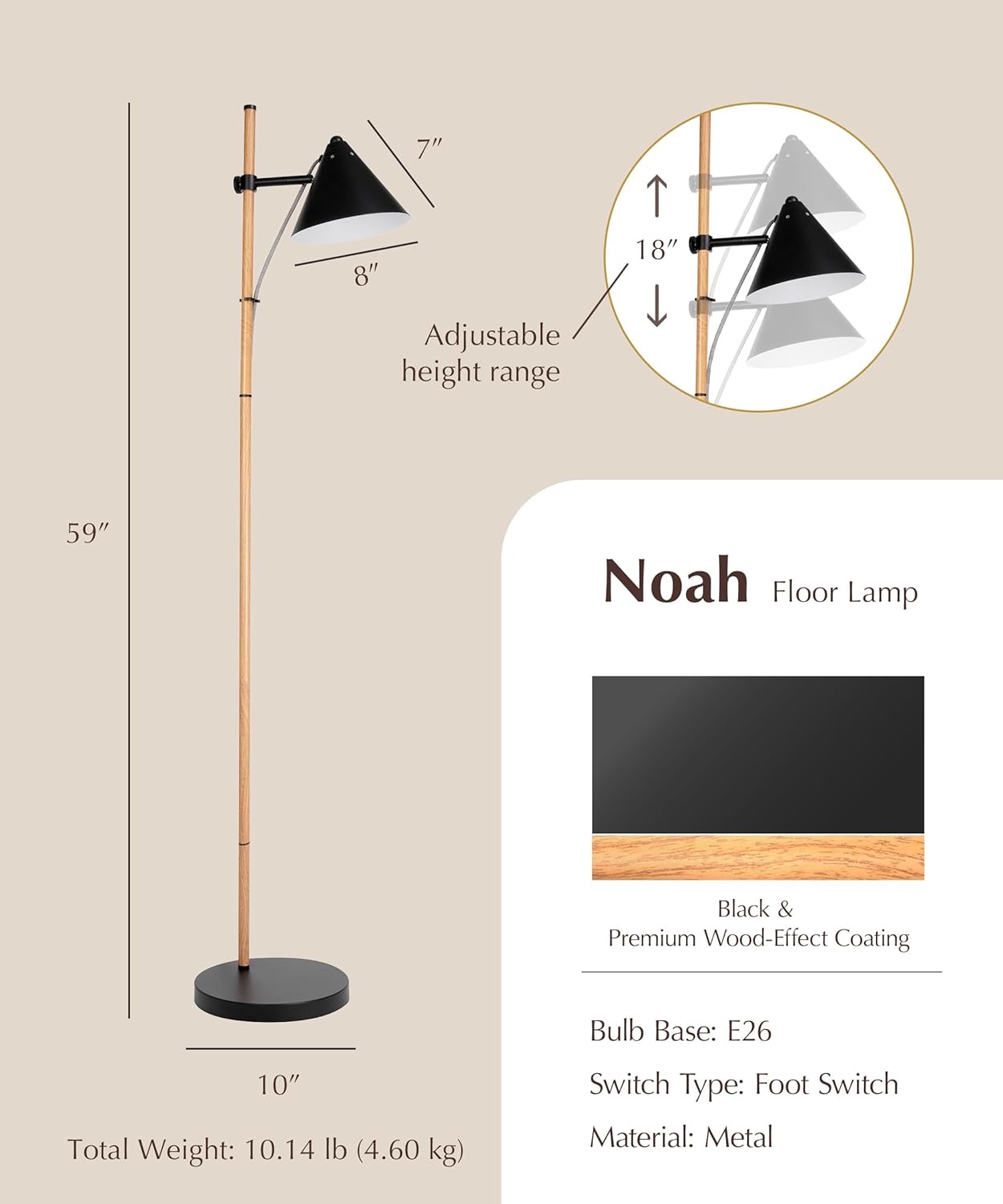 HarvestLand Noah Black Standing Lamp – Adjustable Floor Reading Lamps Over Chair with Solid Base, Reading Floor Lamp, Black Floor Lamp for Living Room and Bedroom, Library Décor, Rustic Floor lamp