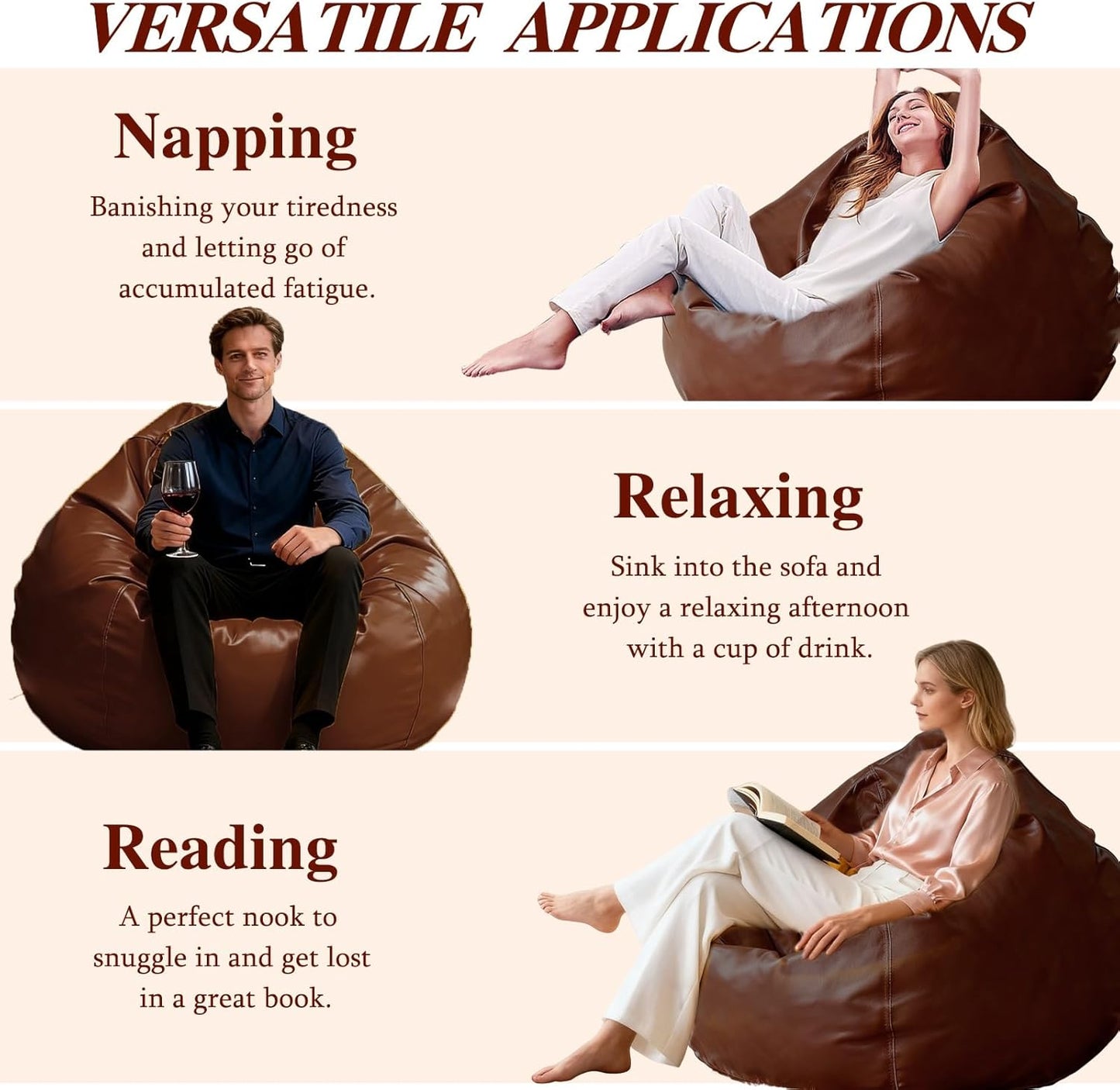Bean Bag Chair Cover (No Filler) Luxury Faux Leather Lazy Sofa Floor Seating Pouf Lounge Envelope Beanbag Corner Seat Comfy Couch Storage Furniture for Adults & Teens(Brown Cover)