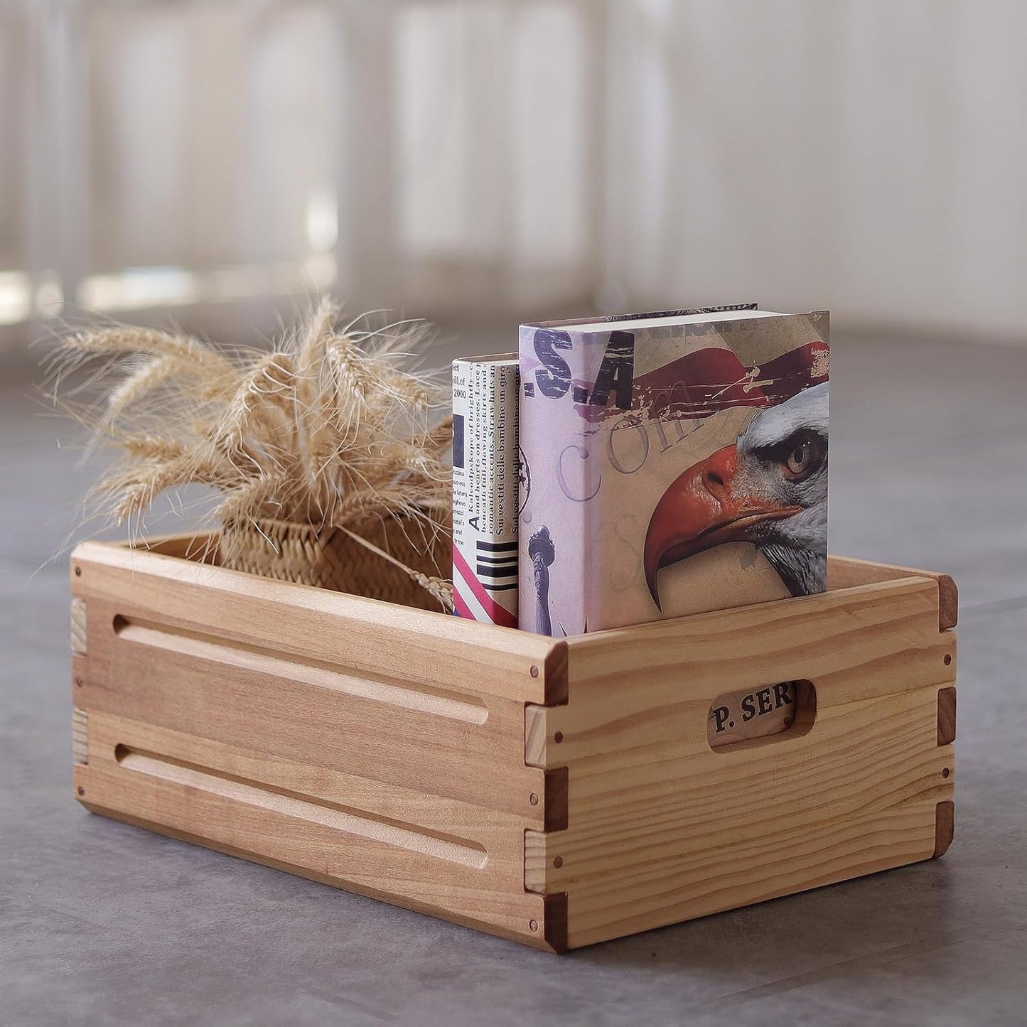 2 Pack Wooden Storage Bins of 16"x12"x6.25".Durable Open Solid Wood Box w/ Handles.Farmhouse Container Shelf Baskets. Multipurpose Home Décor Organizer Crates for Display,Pantry,Book,CD