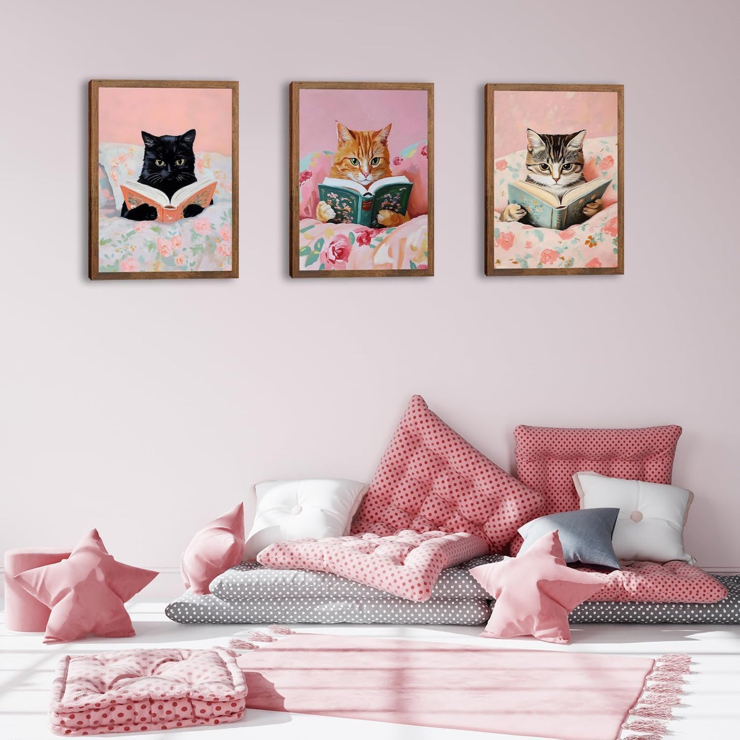 Cute Cat Wall Art Set of 3, Vintage Funny Black Cat Book Canvas Wall Decor, Pink Animal Reading Books Picture Print for Boby Room Bedroom Living Room Home Decor 12x16 Wood Framed