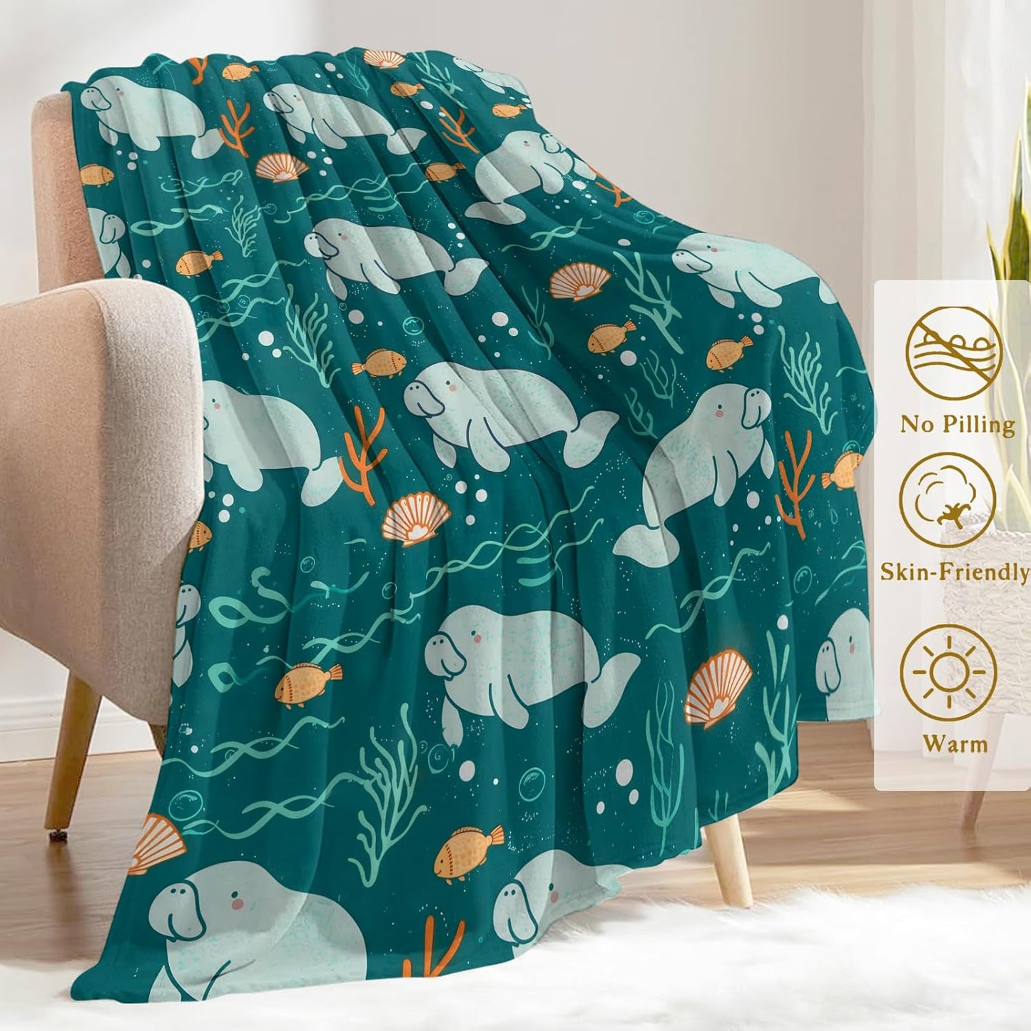 Playful Manatee Flannel Blanket - Cute Ocean-Themed with Sea Life Dark Green Throw Whimsical Woodland Style - Lightweight Soft Cozy Gifts Blankets for Kids Adult,Modern Home Room Decor 50x60in